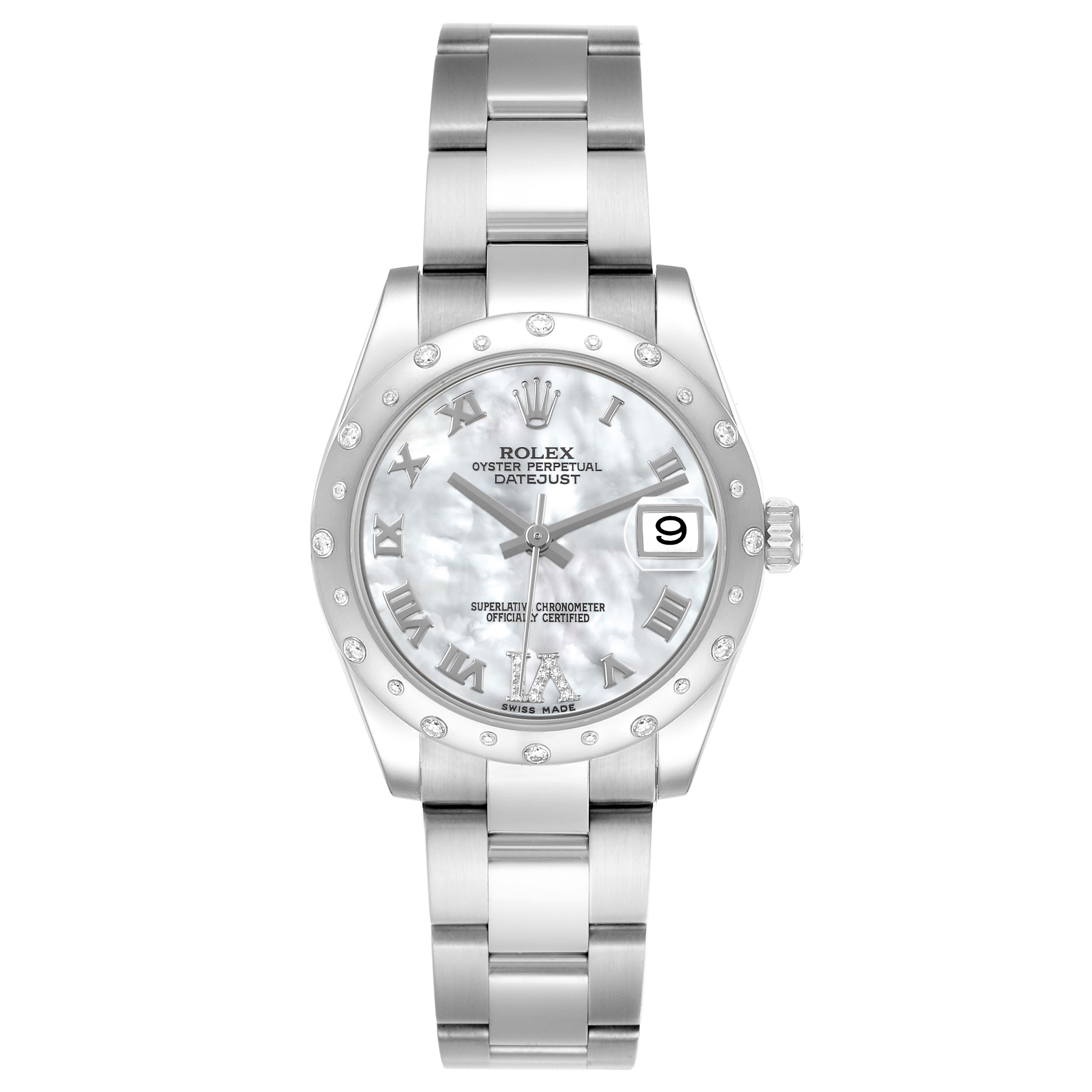 The image shows a front view of a Rolex Datejust 178344 Women's Stainless Steel Mother of Pearl Dial watch, highlighting its face, bezel, and bracelet.