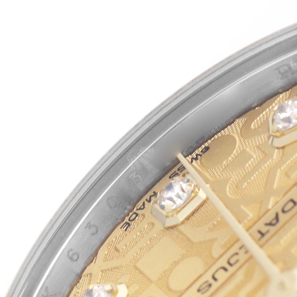The image shows a close-up of the Rolex Datejust 178273 Women's Steel and Gold (two tone) Champagne Dial model's dial and bezel, focusing on the textured gold surface and diamond markers.