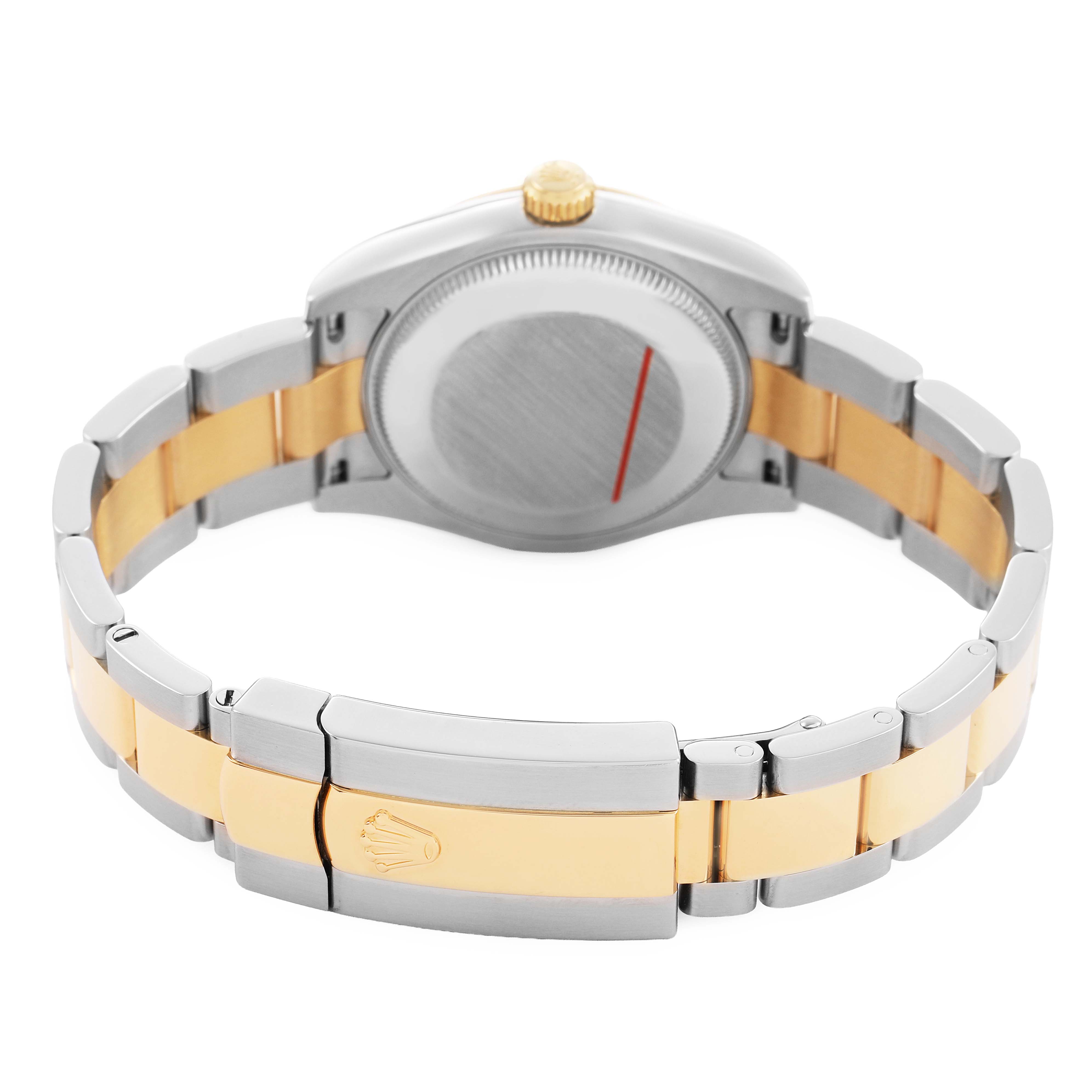 The image shows the back and bracelet of a Rolex Datejust 178273 Women's Steel and Gold (two tone) Champagne Dial, featuring a two-tone metal design and a crown-embossed clasp.