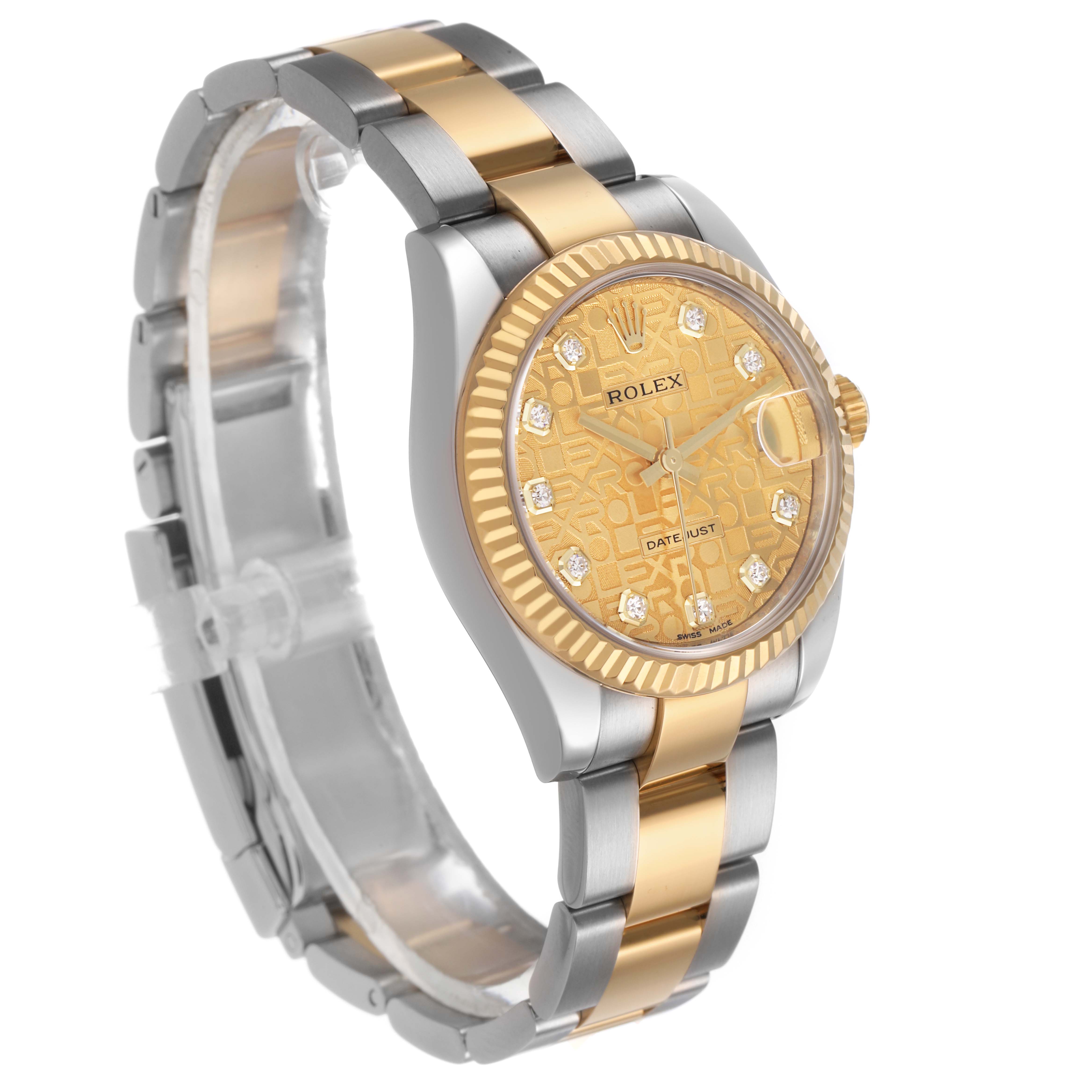 The Rolex Datejust 178273 Women's Steel and Gold (two tone) Champagne Dial watch is shown at a three-quarter angle, highlighting its bezel, dial, and two-tone bracelet.