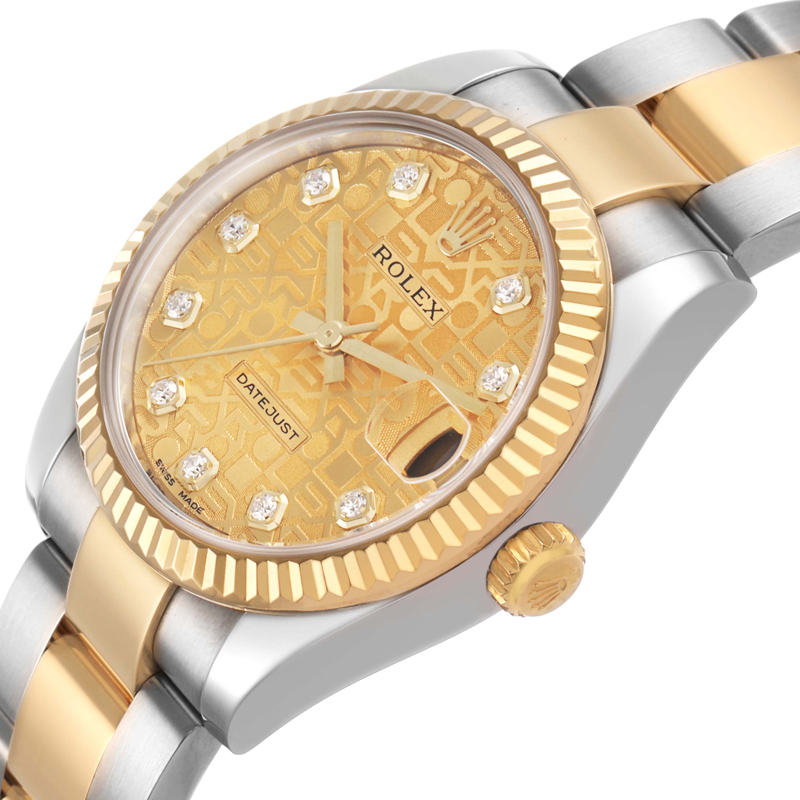 The Rolex Datejust 178273 Women's Steel and Gold (two tone) Champagne Dial watch is shown at an angled view, displaying the face, bezel, crown, and parts of the bracelet.