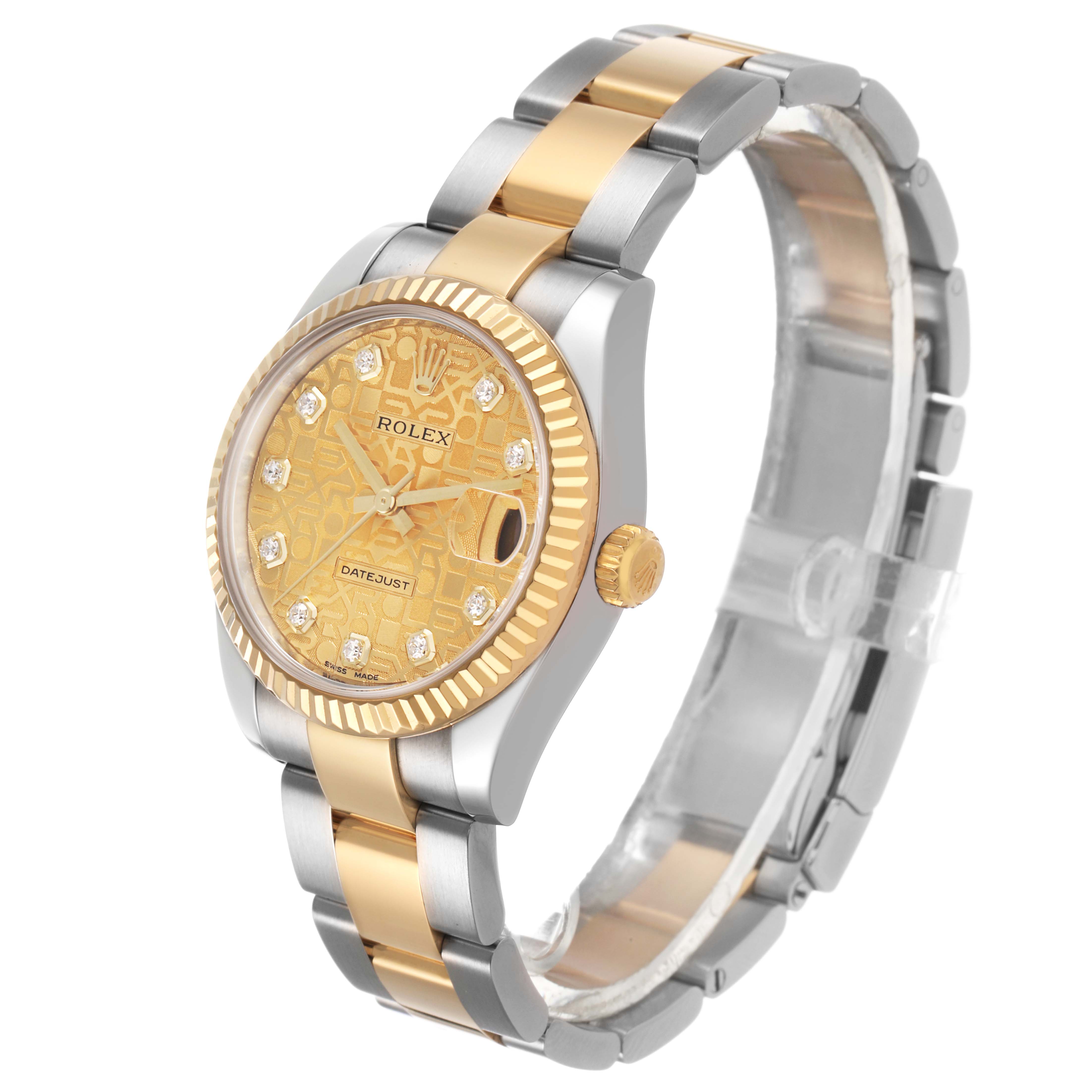 The Rolex Datejust 178273 Women's Steel and Gold (two tone) Champagne Dial watch is shown at an angled view, highlighting the gold and silver bracelet, bezel, and detailed dial with markers.
