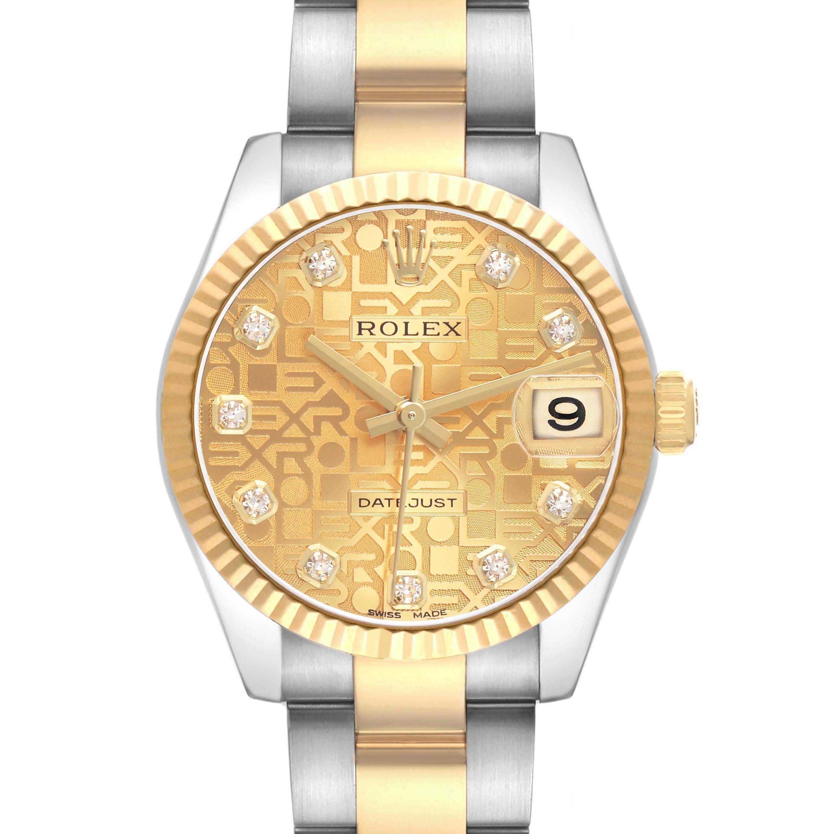 The Rolex Datejust 178273 Women's Steel and Gold (two tone) Champagne Dial watch is shown from the front, highlighting its gold patterned dial, diamond markers, and two-tone bracelet.
