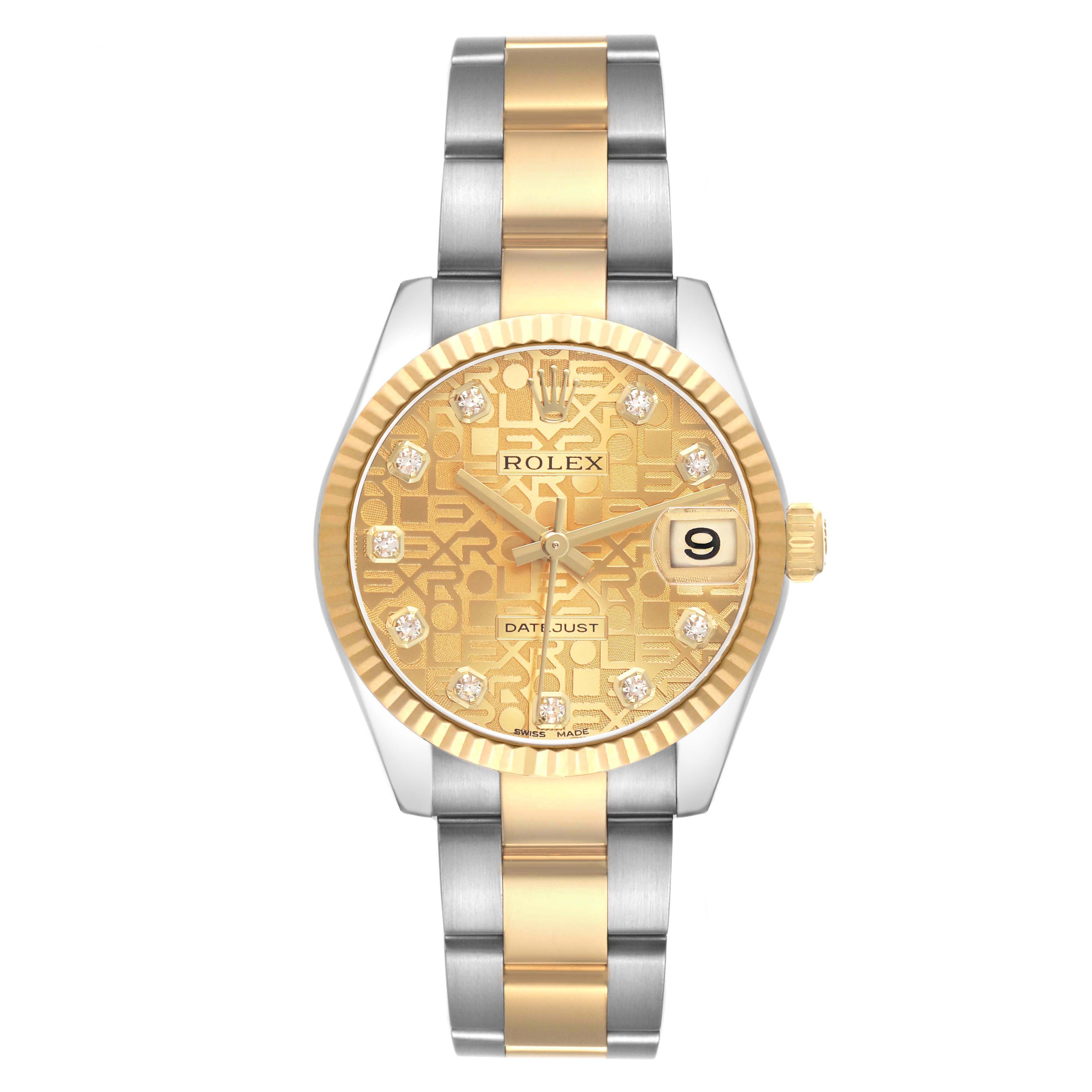 The Rolex Datejust 178273 Women's Steel and Gold (two tone) Champagne Dial watch is shown from a front angle, displaying its dial, bezel, hands, and two-tone bracelet.