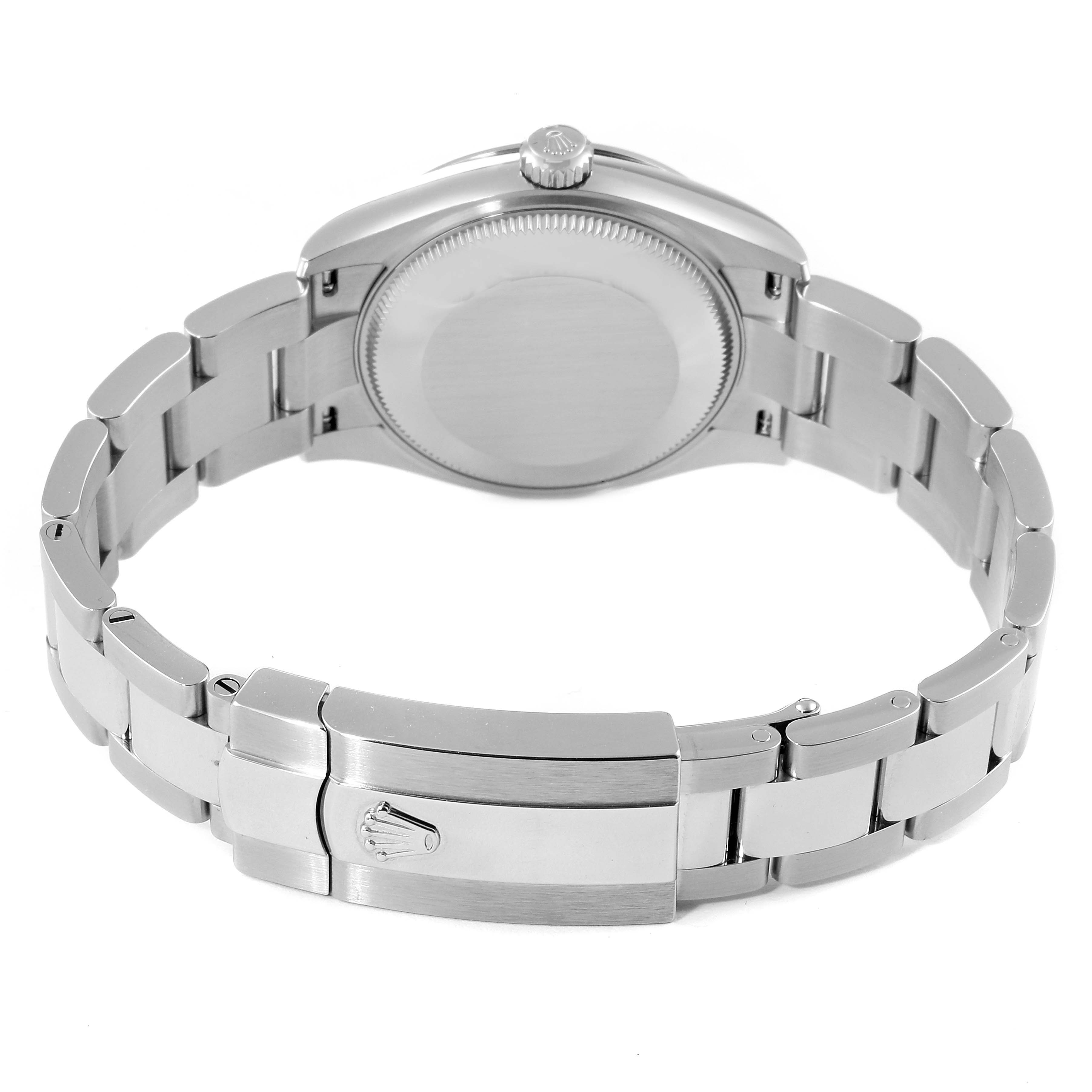 This image shows the back case and clasp of a Rolex Mid-Size 278240 Women's Stainless Steel Green Dial 278240 Women's Stainless Steel Green Dial model watch at a rear angle.