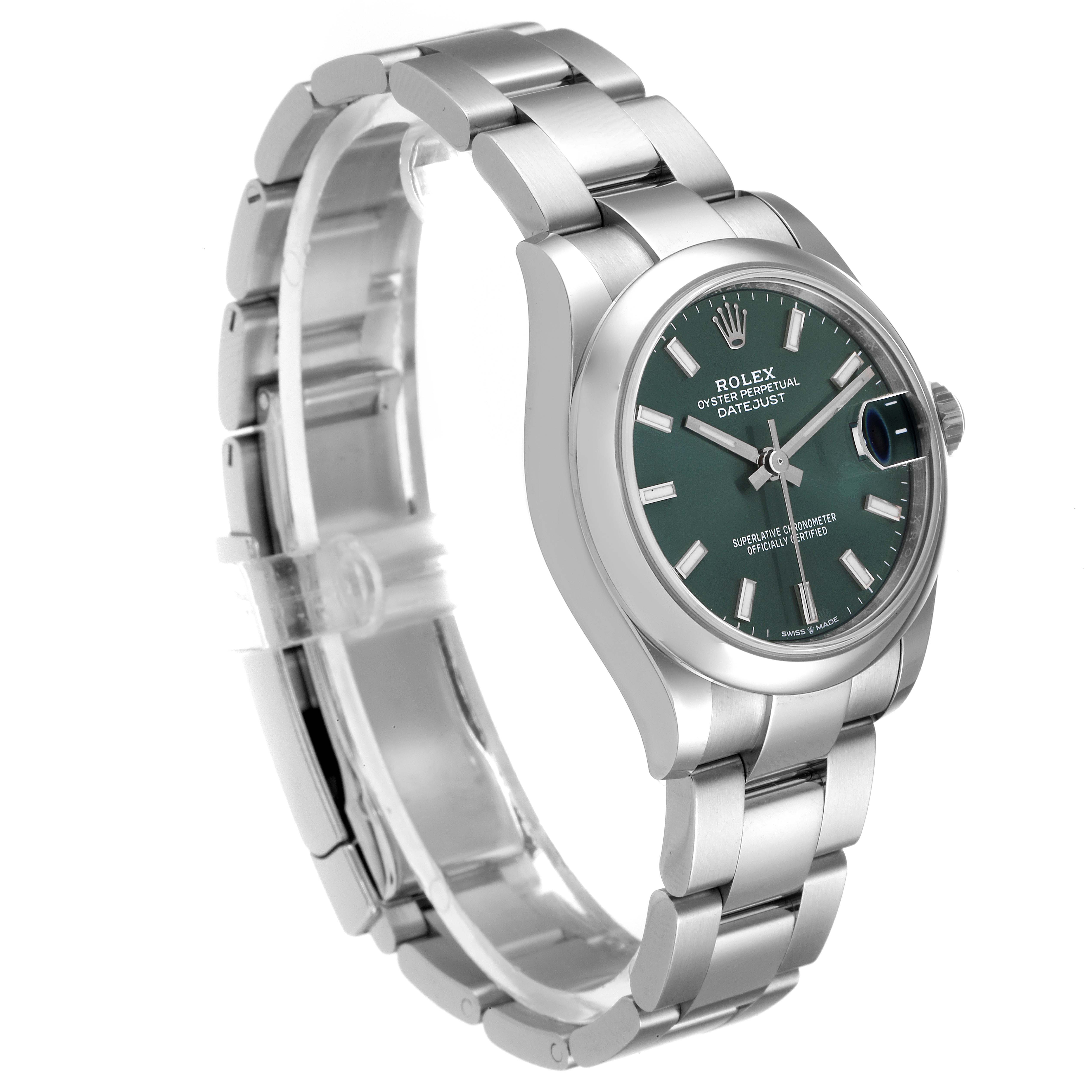 This image shows a side view of a Rolex Mid-Size 278240 Women's Stainless Steel Green Dial 278240 Women's Stainless Steel Green Dial Datejust watch, highlighting the green dial, case, and the silver bracelet.