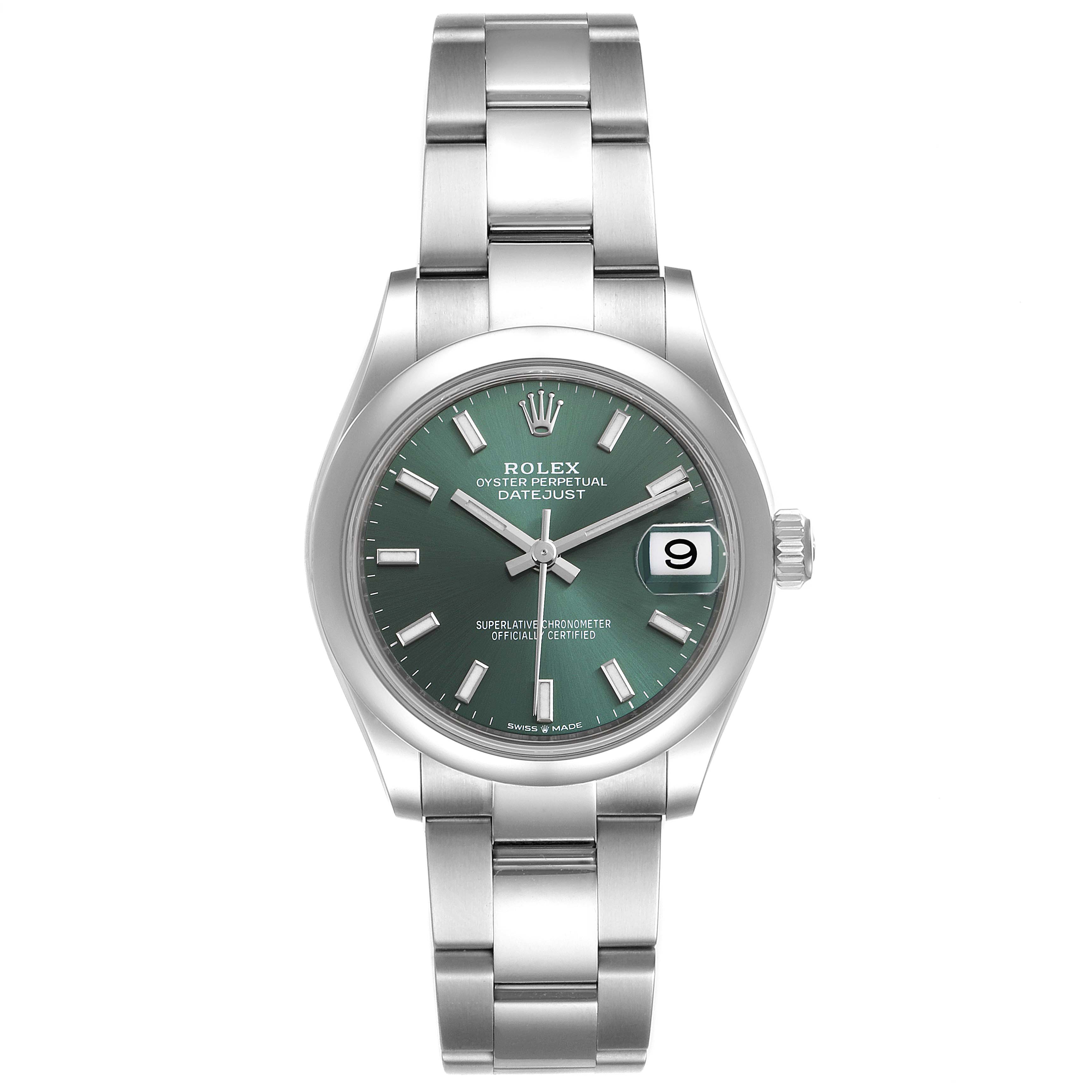 The image shows a front view of a Rolex Mid-Size 278240 Women's Stainless Steel Green Dial 278240 Women's Stainless Steel Green Dial Oyster Perpetual Datejust watch, highlighting its green dial and stainless steel bracelet.
