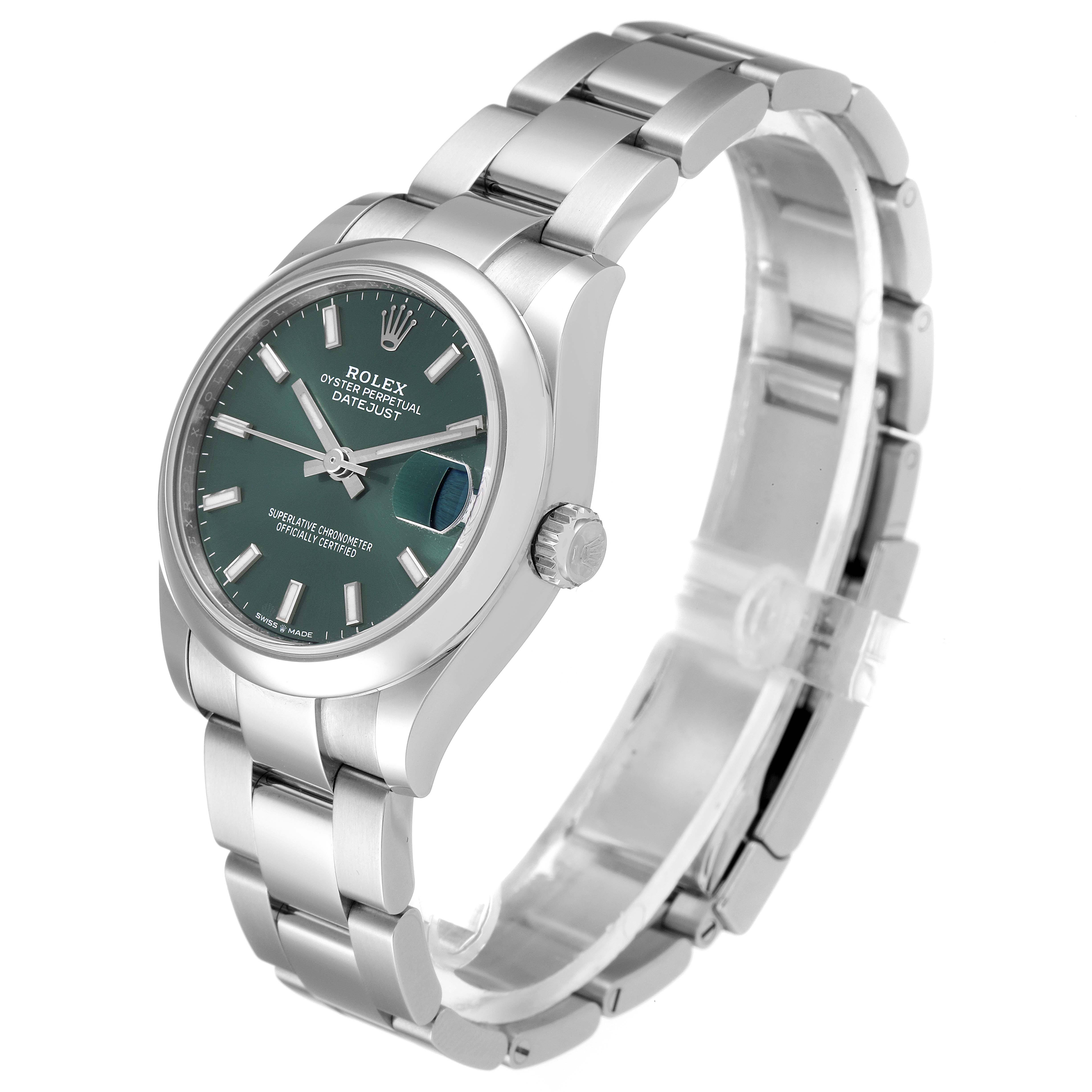 The image shows a Rolex Mid-Size 278240 Women's Stainless Steel Green Dial 278240 Women's Stainless Steel Green Dial Oyster Perpetual Datejust watch from a front angle, highlighting the face, case, and bracelet.