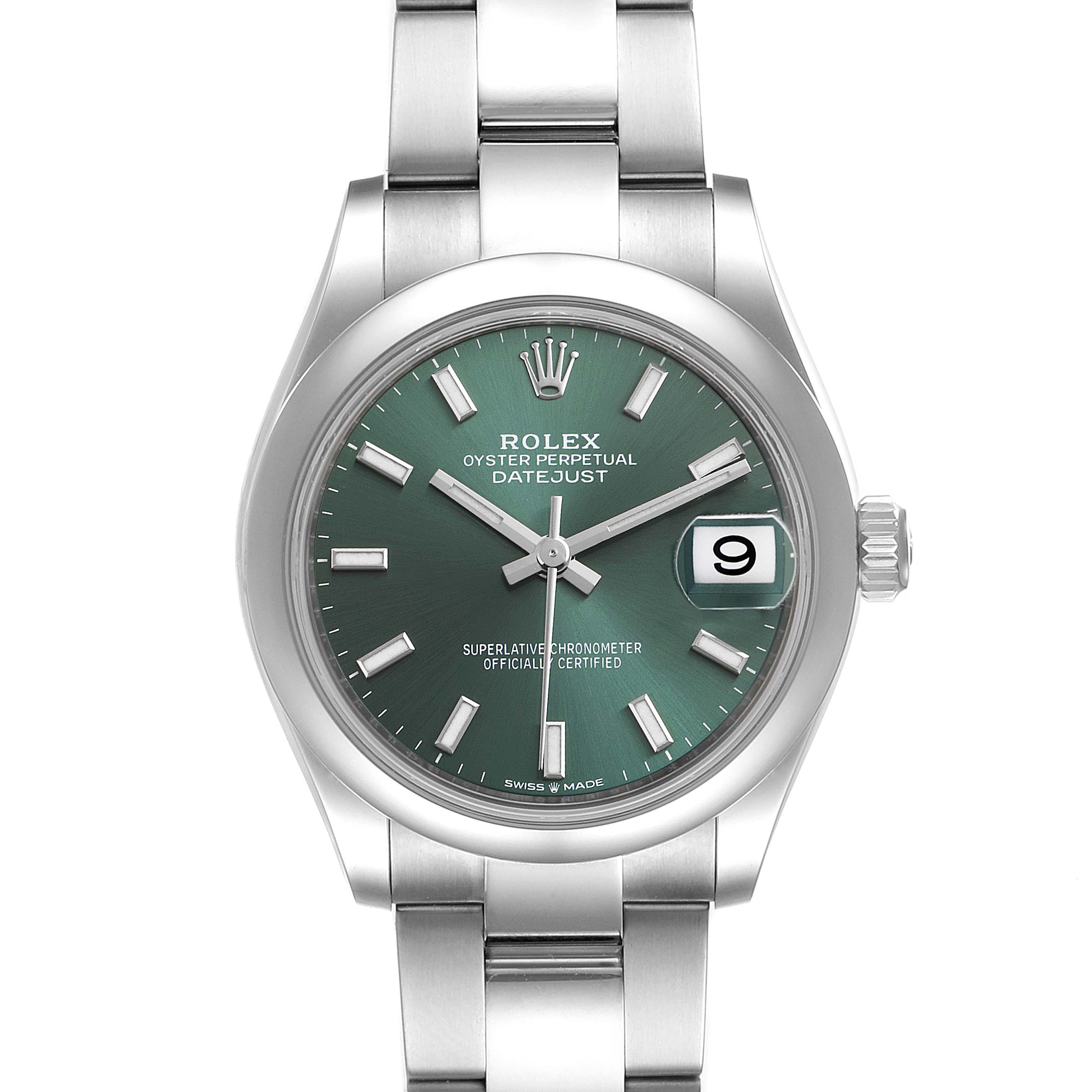 This image shows a front view of the Rolex Oyster Perpetual Datejust Mid-Size watch, highlighting its green dial and stainless steel bracelet.