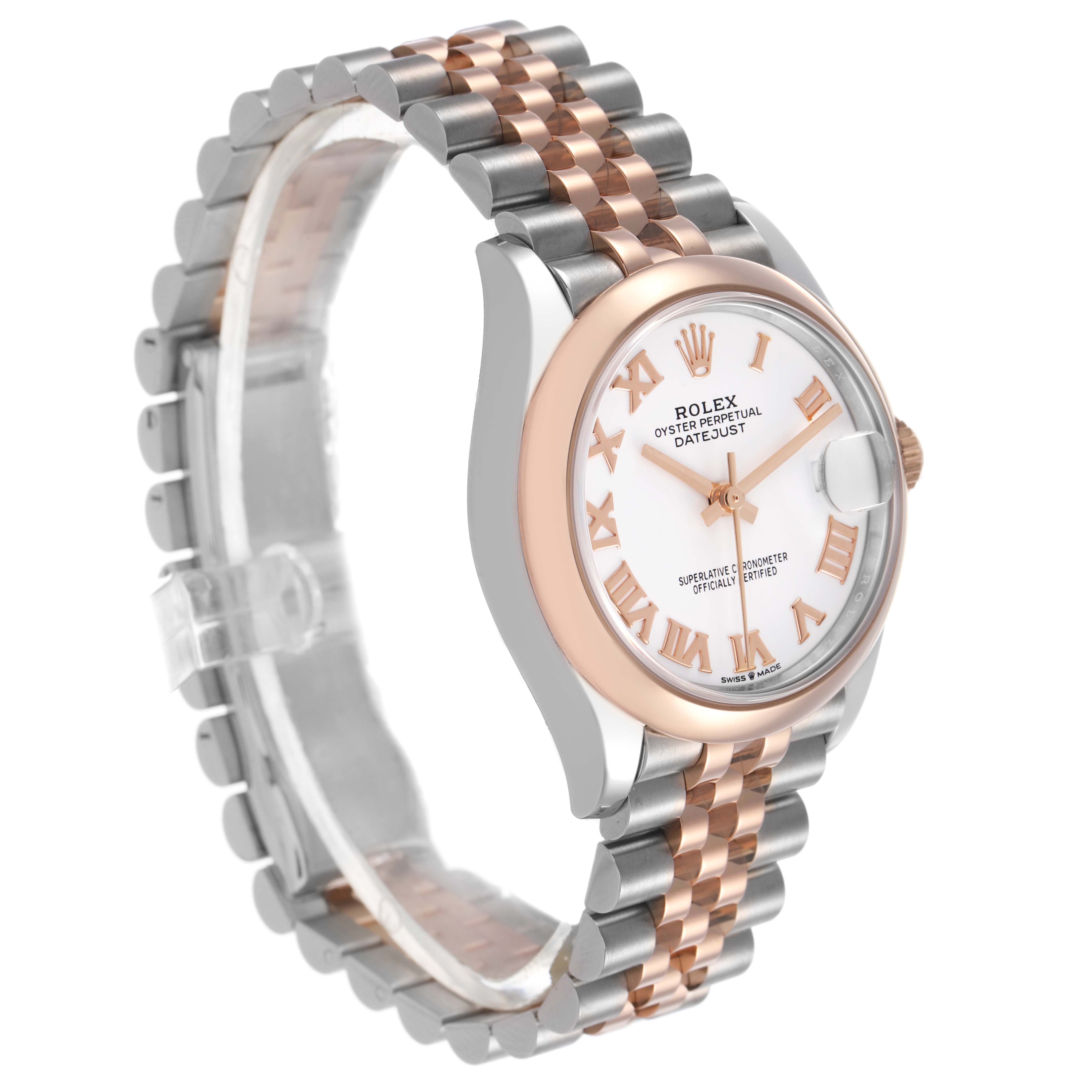 The Rolex Datejust 278241 Women's Steel and Gold (two tone) White Dial watch is shown at a three-quarter angle, highlighting the dial, bezel, and two-tone bracelet.