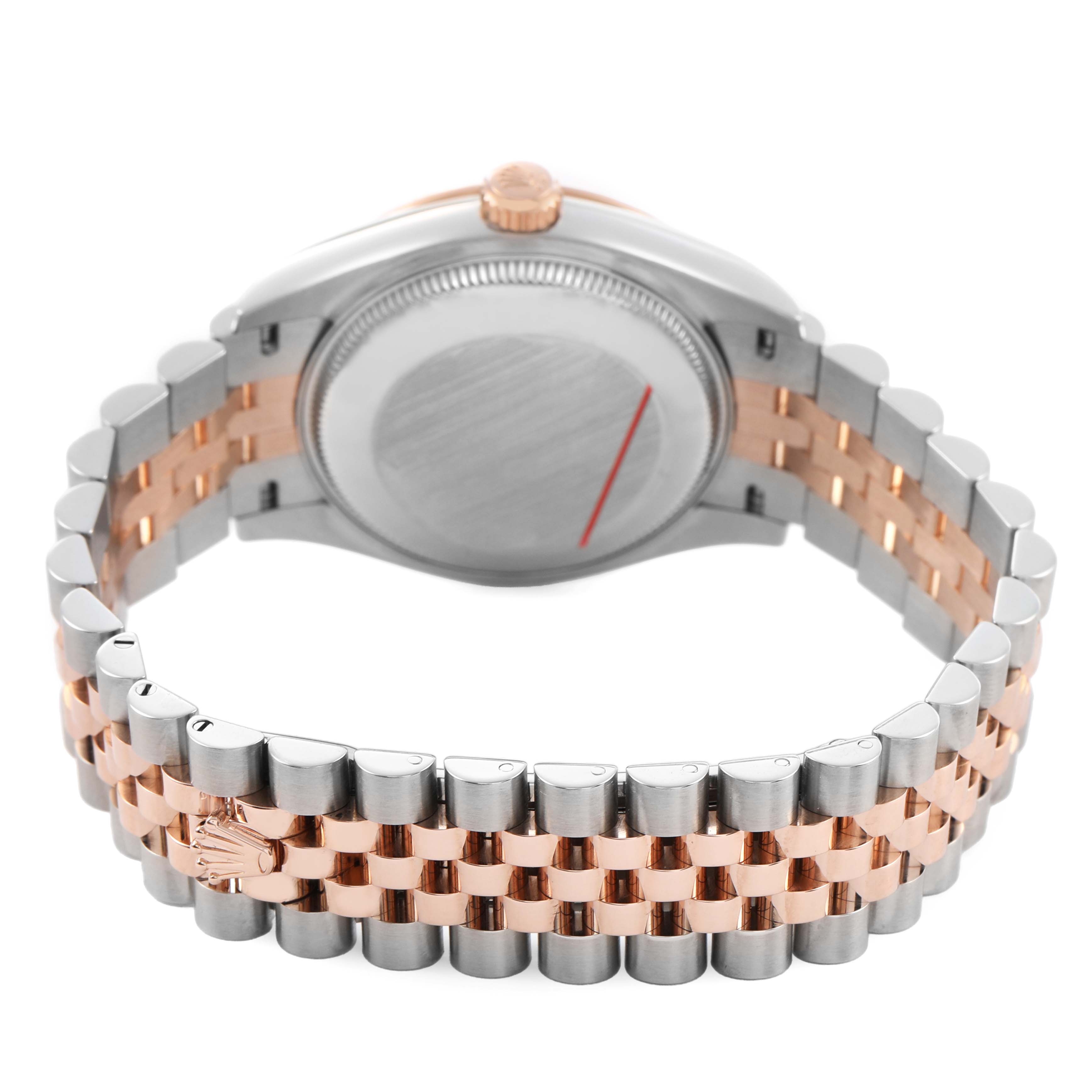 The image shows the back of a Rolex Datejust 278241 Women's Steel and Gold (two tone) White Dial watch, highlighting its case and two-tone bracelet from a rear angle.