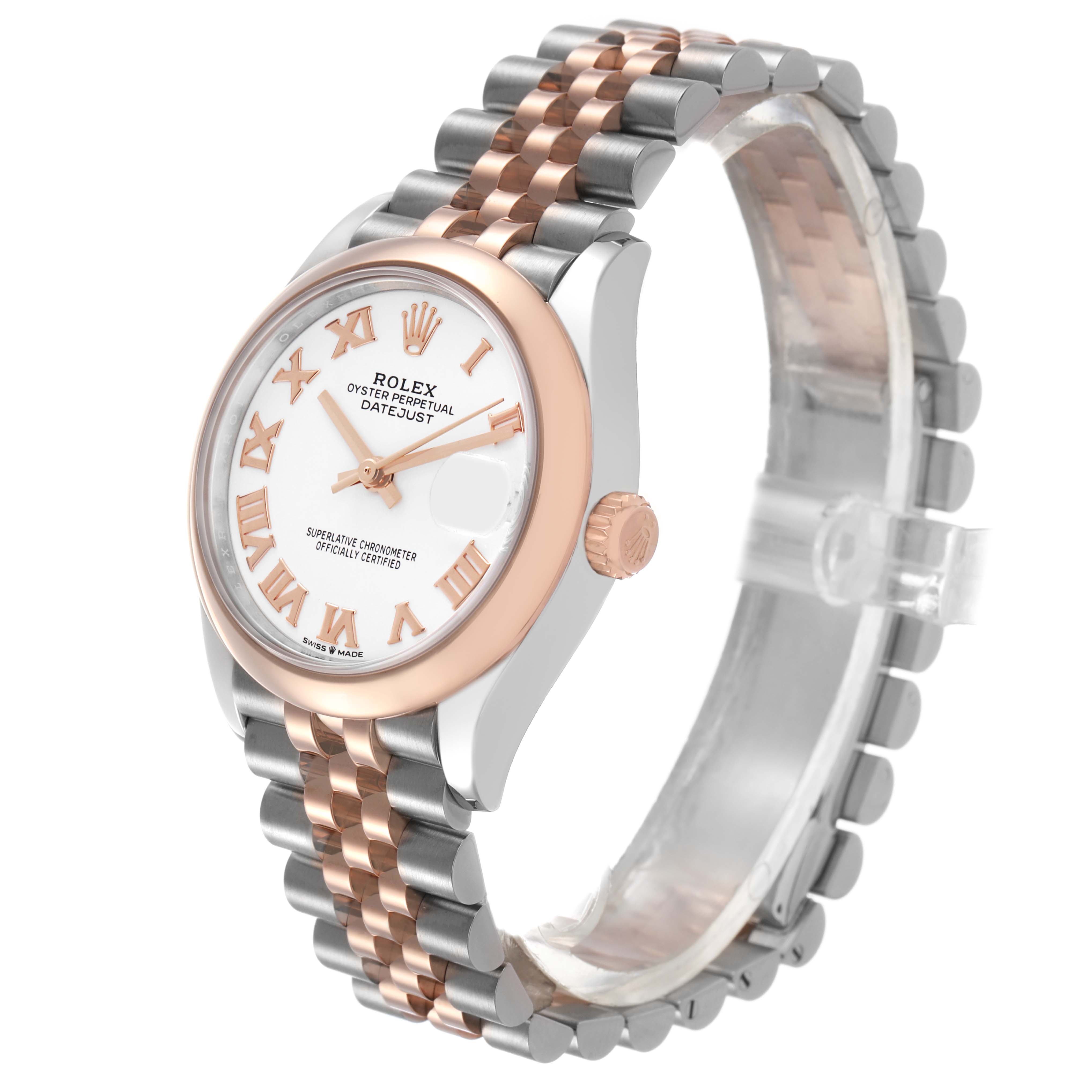 The Rolex Datejust 278241 Women's Steel and Gold (two tone) White Dial watch is angled showing the face, bezel, crown, and jubilee bracelet with a two-tone design.