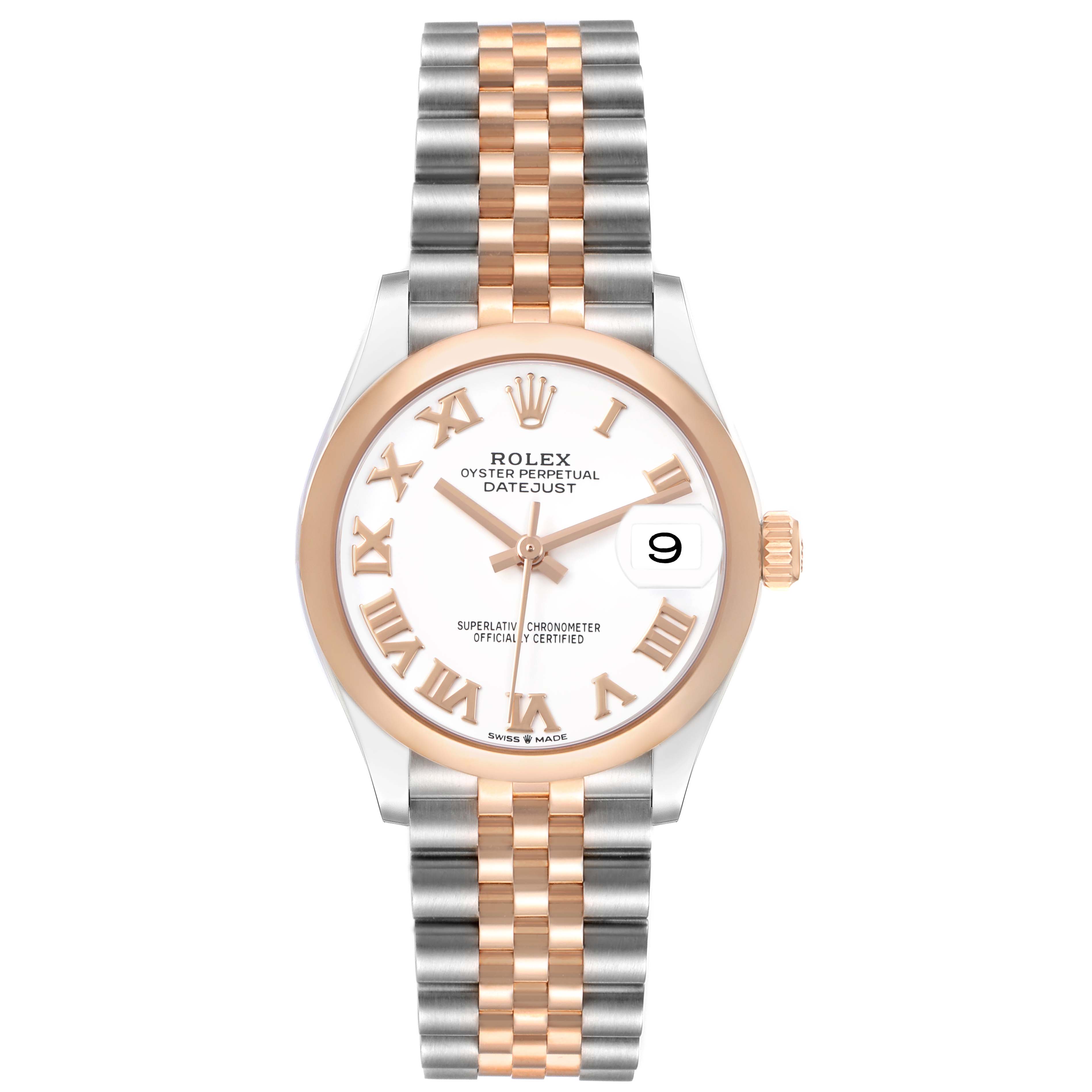 The Rolex Datejust 278241 Women's Steel and Gold (two tone) White Dial watch is shown from the front, displaying the dial, bezel, and bracelet.