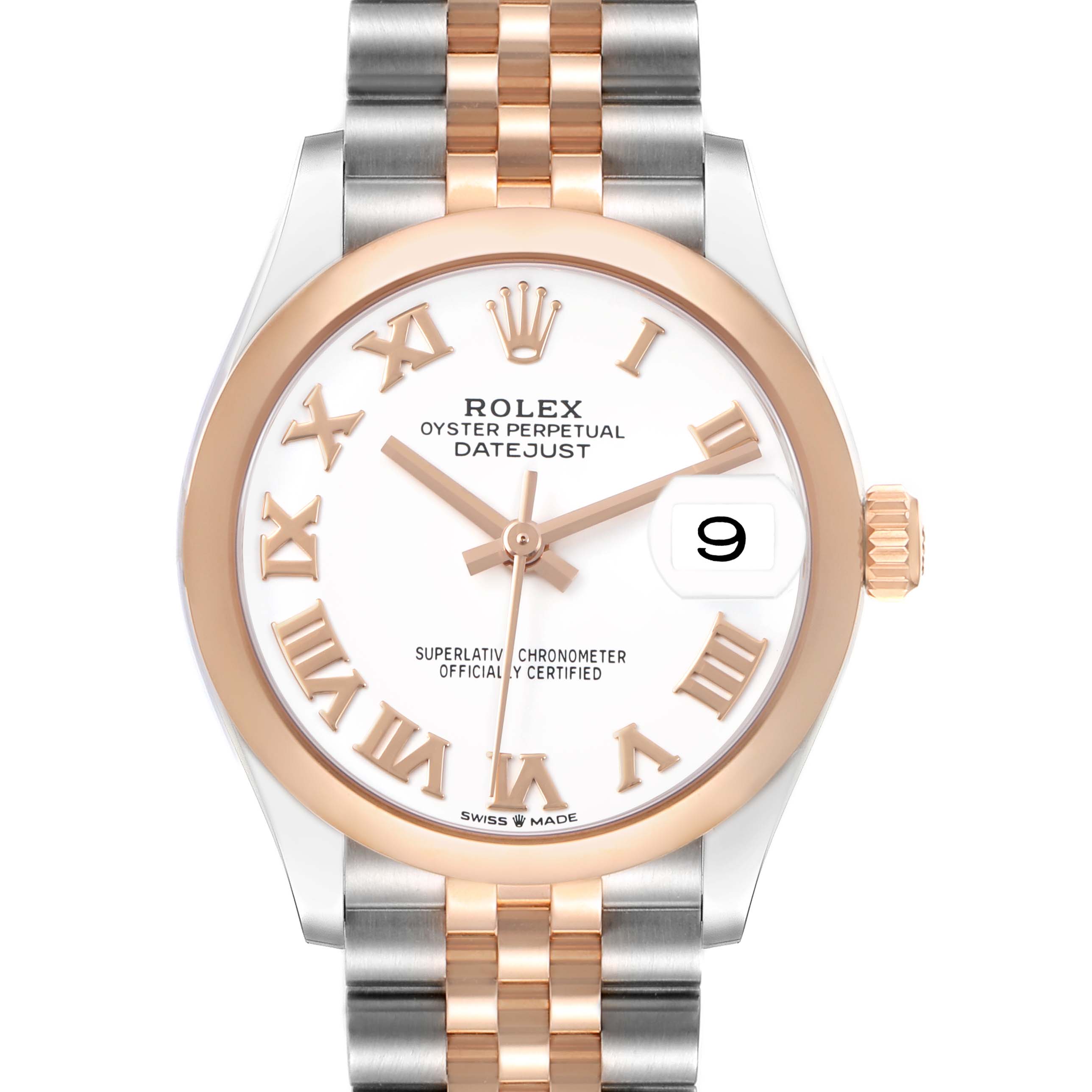 The Rolex Datejust 278241 Women's Steel and Gold (two tone) White Dial watch is shown from the front, displaying the dial, bezel, and part of the bracelet.