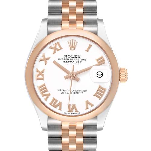 The Rolex Datejust 278241 Women's Steel and Gold (two tone) White Dial watch is shown from a front angle, highlighting the dial, hands, bezel, and part of the band.