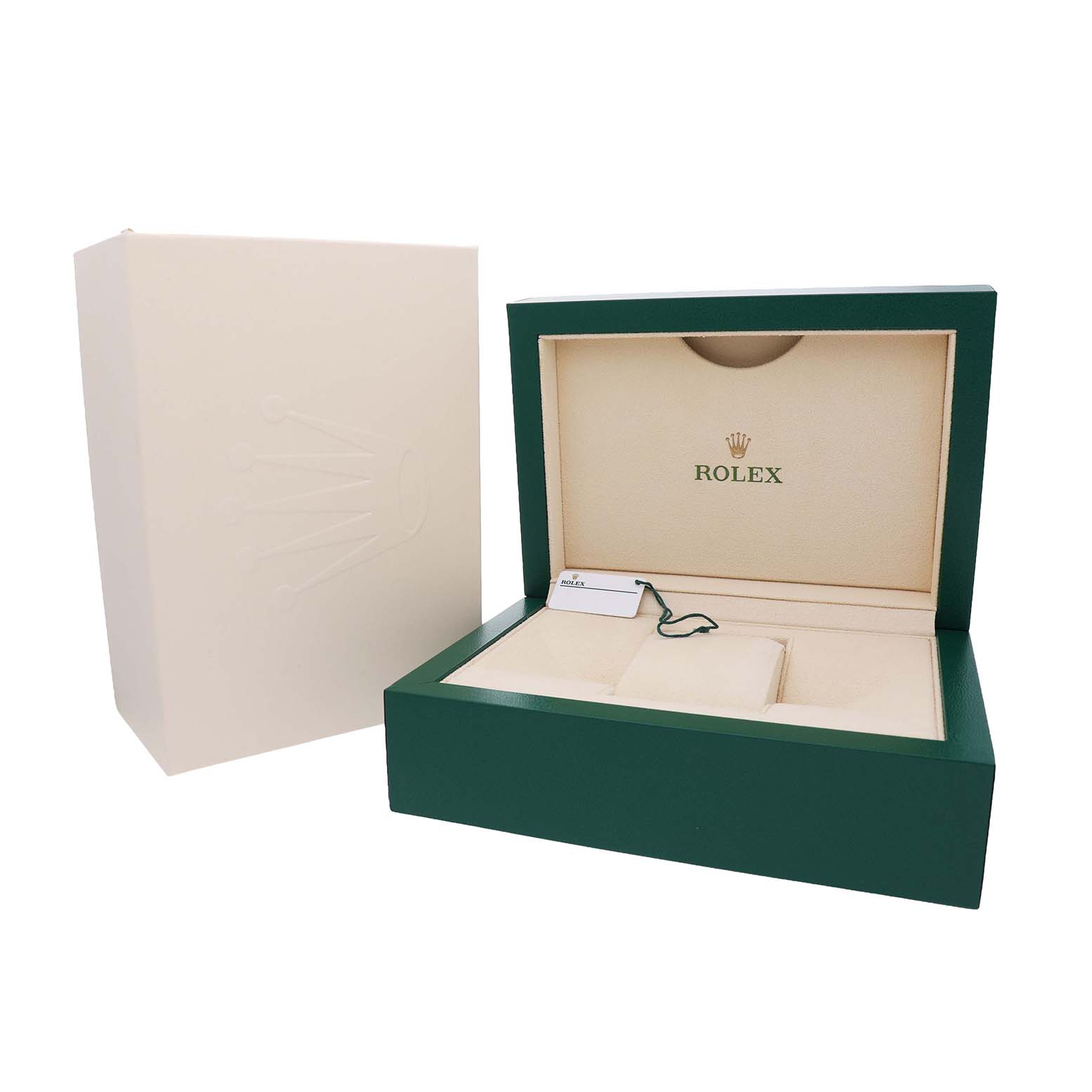The image shows an open Rolex Datejust 278241 Women's Steel and Gold (two tone) White Dial box, showcasing the interior with a tag and cushion, with the outer box nearby.