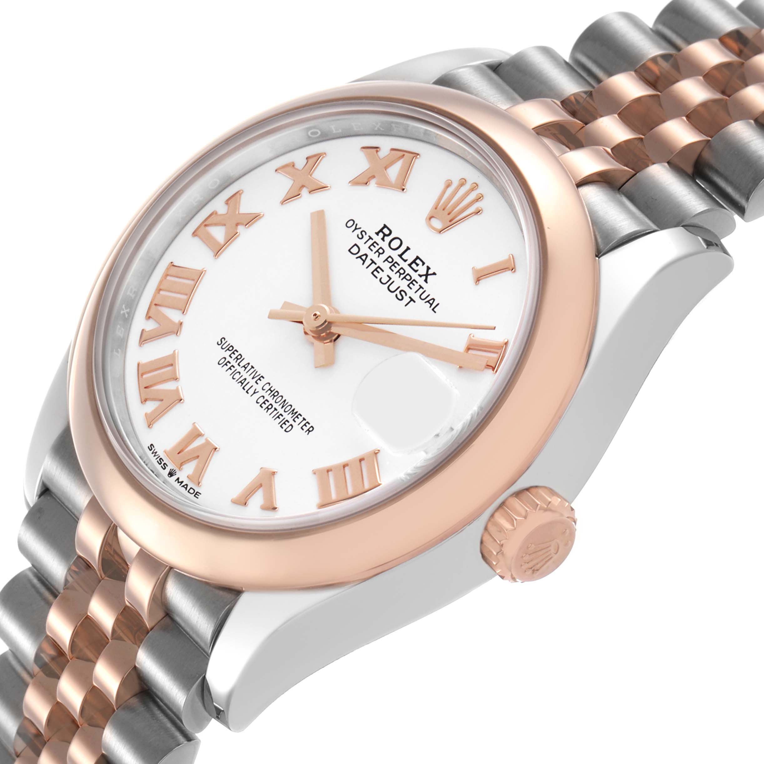 The Rolex Datejust 278241 Women's Steel and Gold (two tone) White Dial watch is shown at an angled view, highlighting the bezel, dial, crown, and two-tone bracelet.