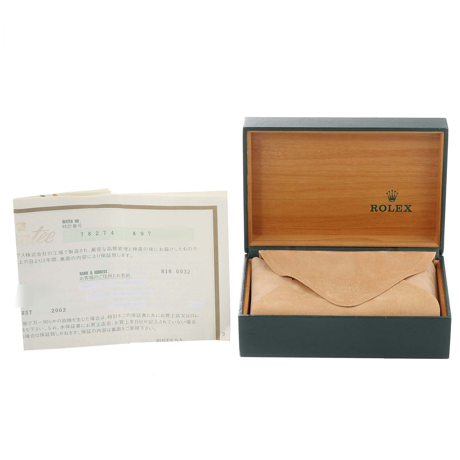 The image shows an open Rolex Mid-Size 78274 Women
s Stainless Steel Silver Dial 78274 Women
s Stainless Steel Silver Dial watch box with a certificate or document beside it.