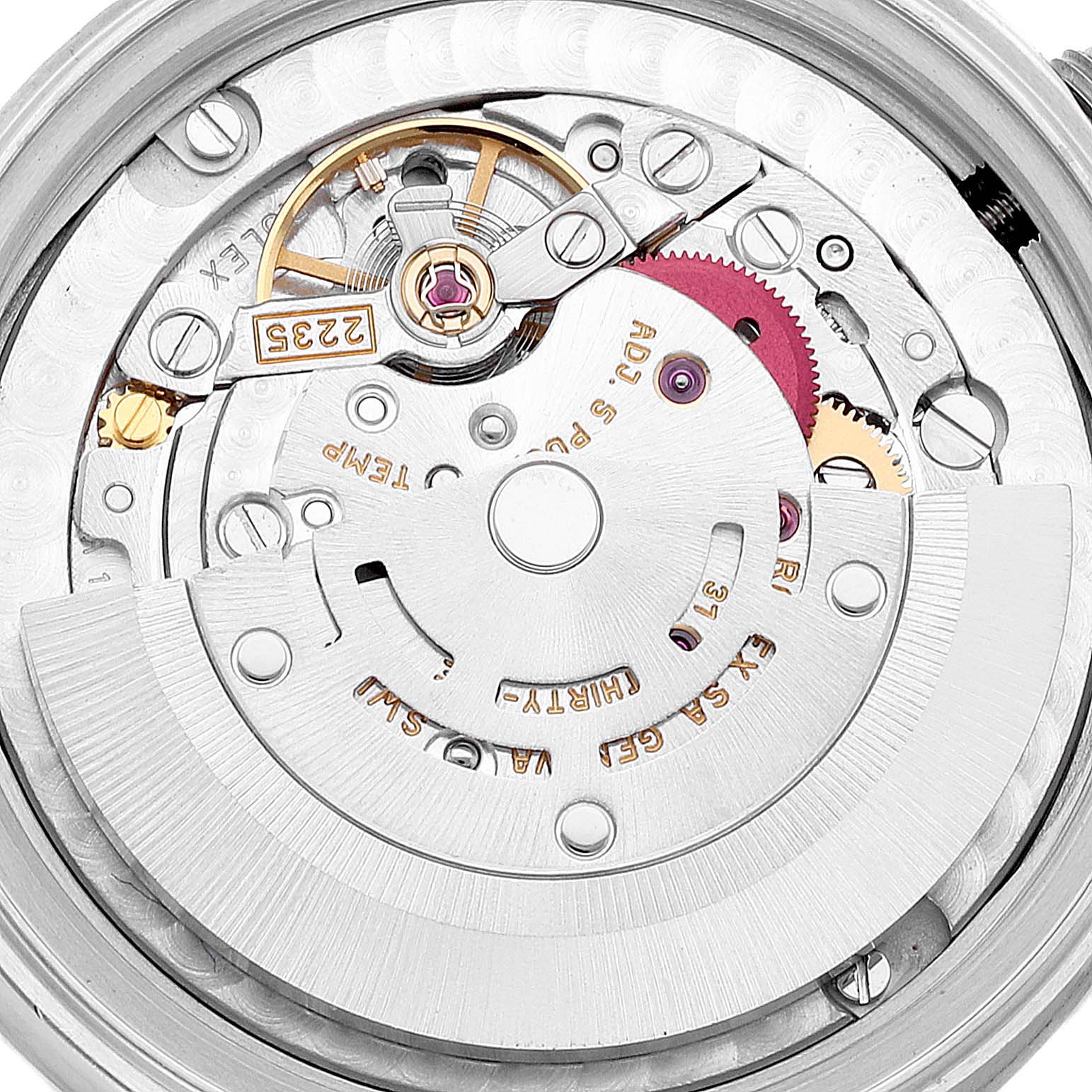 The image shows the internal movement mechanism of a Rolex Mid-Size 78274 Women
s Stainless Steel Silver Dial 78274 Women
s Stainless Steel Silver Dial model watch, viewed from the back.