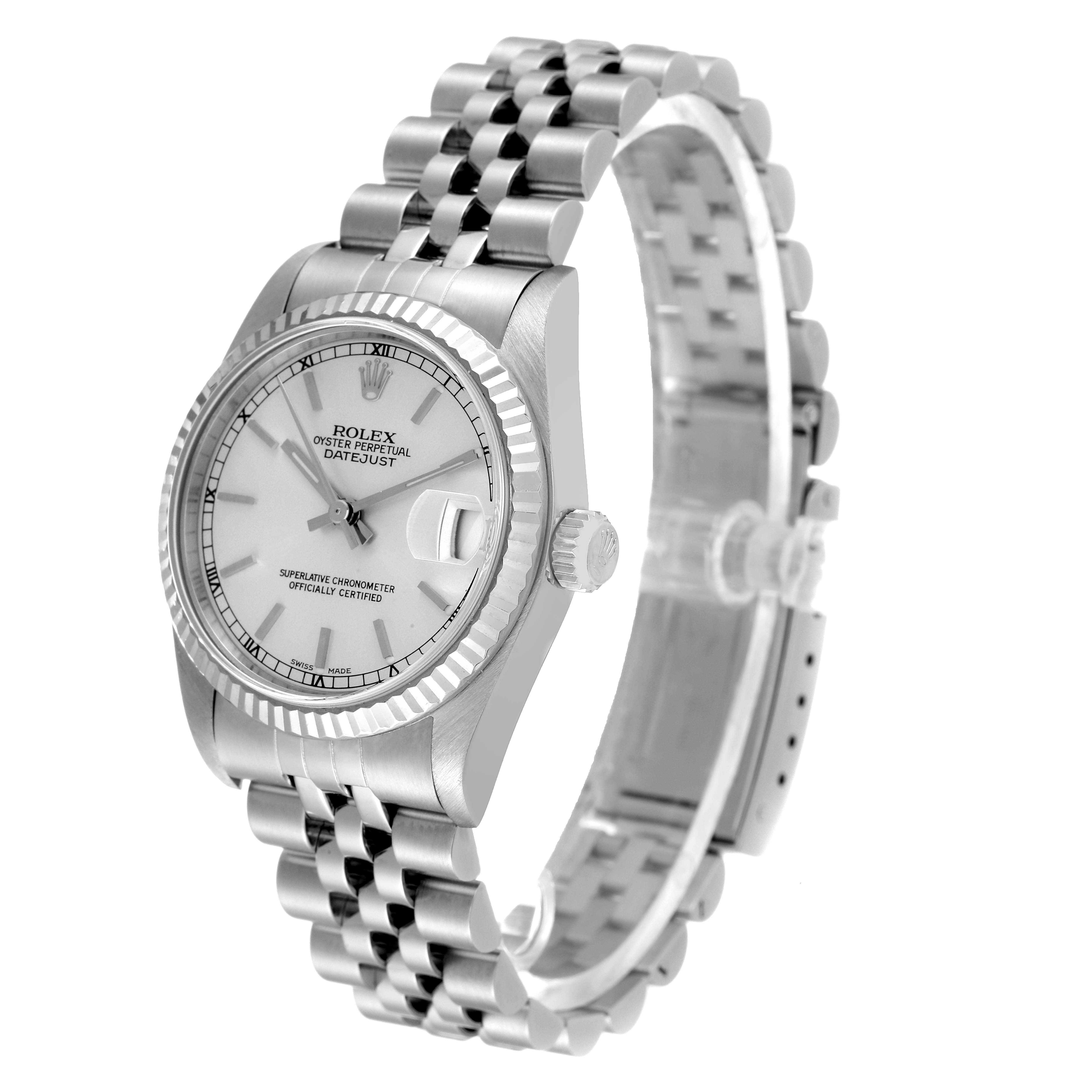 The image shows a Rolex Mid-Size 78274 Women
s Stainless Steel Silver Dial 78274 Women
s Stainless Steel Silver Dial Datejust model from a slightly angled side view, highlighting the face, bezel, crown, and bracelet.