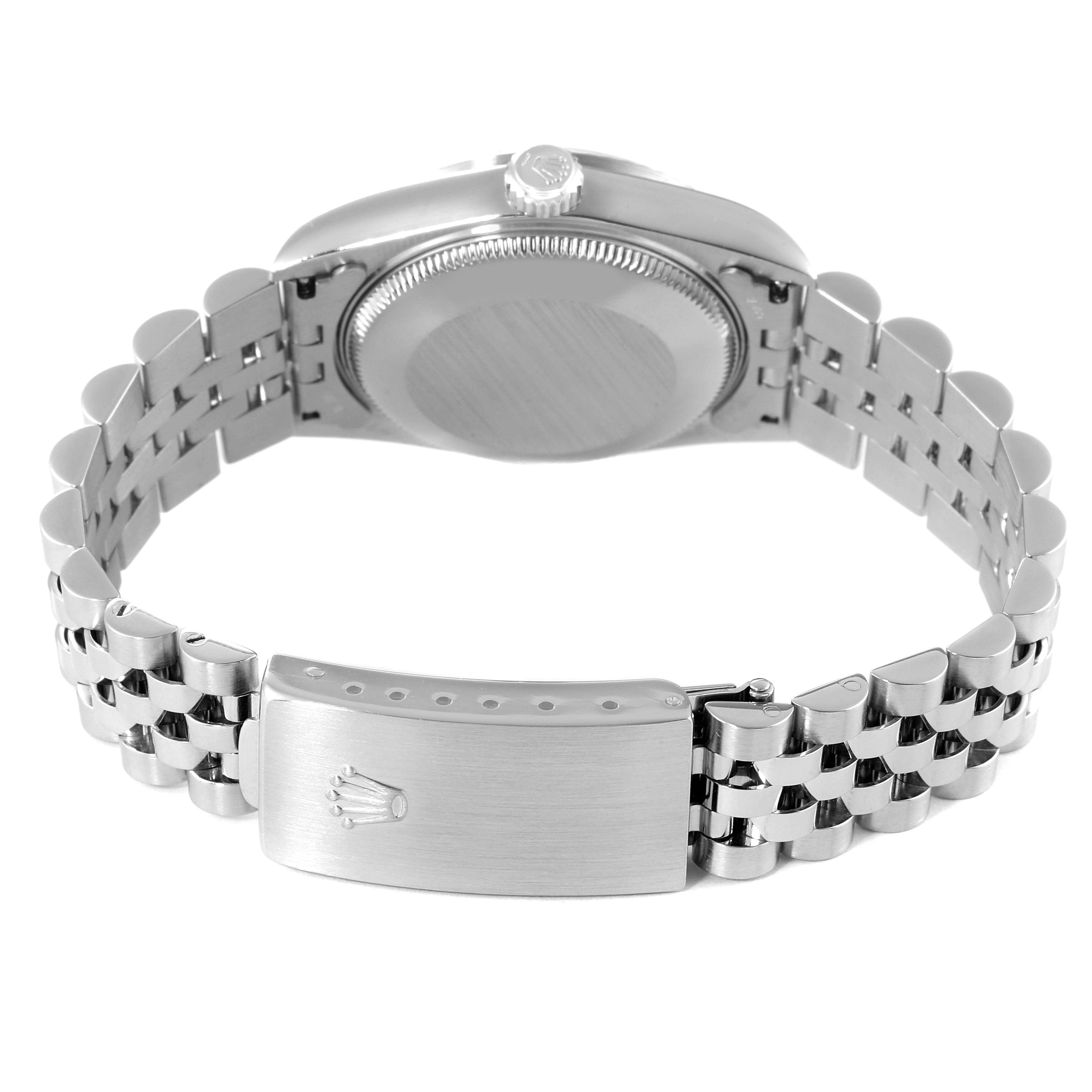 The image shows the back case and clasp of a Rolex Mid-Size 78274 Women
s Stainless Steel Silver Dial 78274 Women
s Stainless Steel Silver Dial watch, highlighting its bracelet and crown.