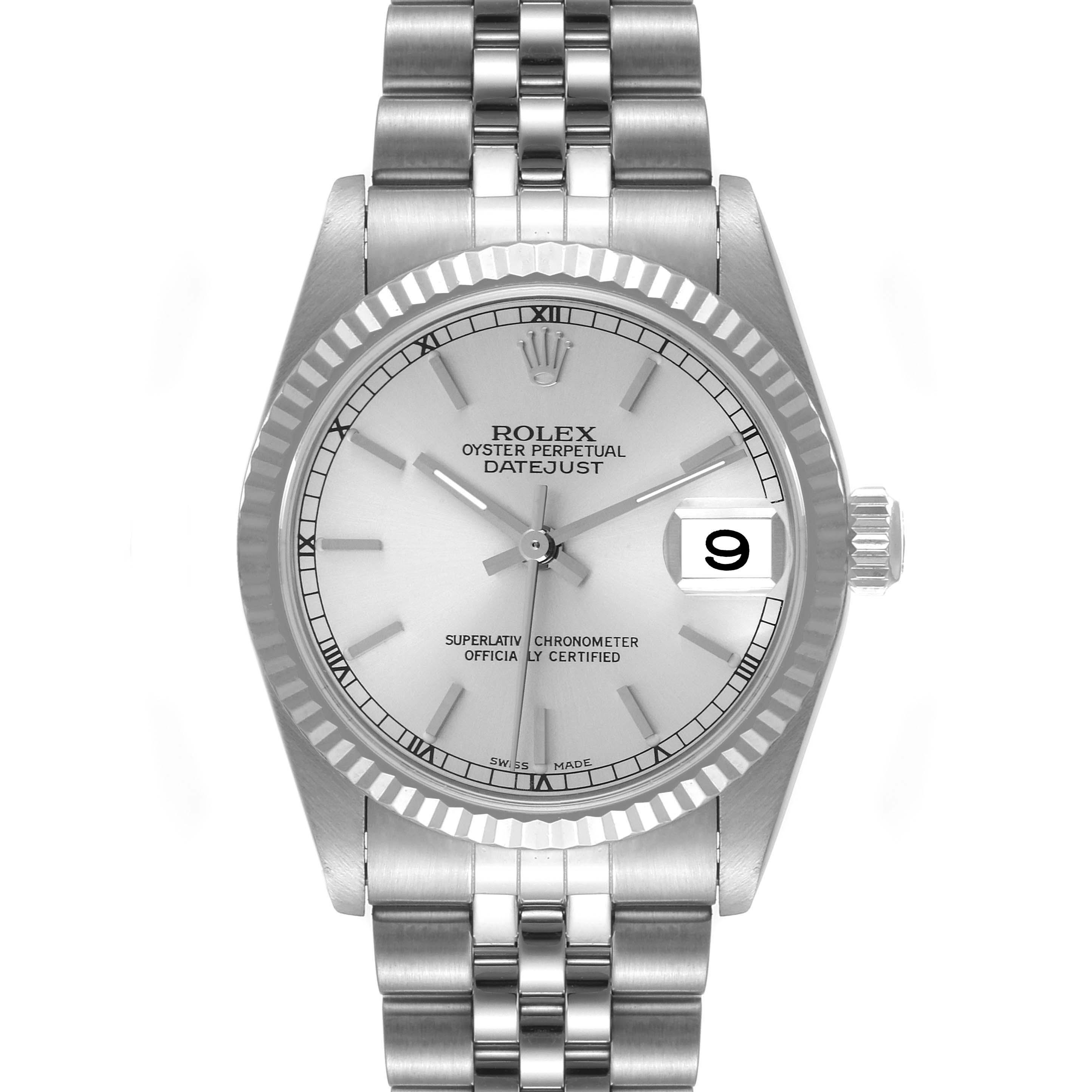 The image shows a front view of a Rolex Mid-Size 78274 Women
s Stainless Steel Silver Dial 78274 Women
s Stainless Steel Silver Dial Datejust watch, displaying the dial, bezel, and bracelet.