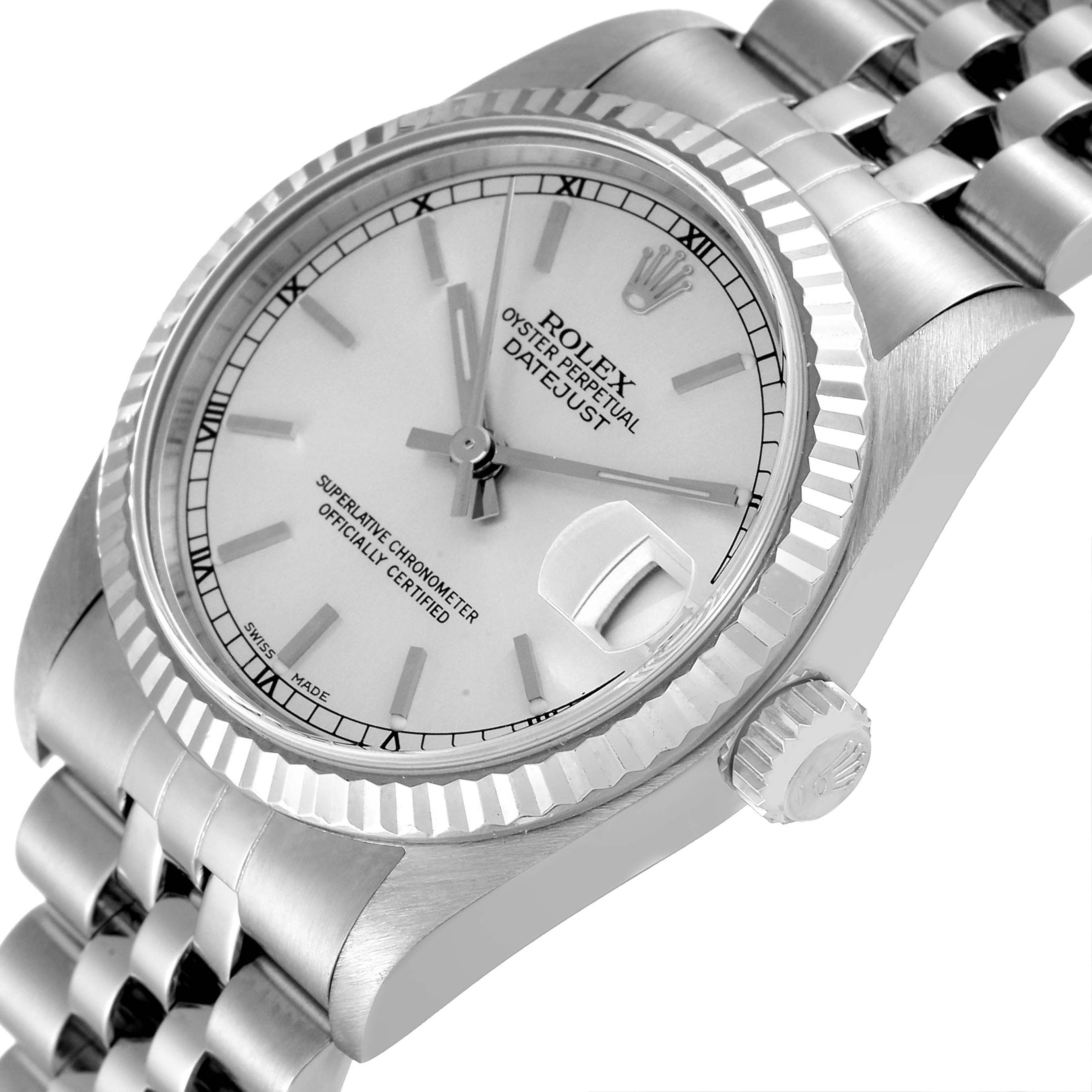 This image shows the face, bezel, crown, and bracelet of a Rolex Mid-Size 78274 Women
s Stainless Steel Silver Dial 78274 Women
s Stainless Steel Silver Dial Oyster Perpetual Datejust watch at a slight angle.