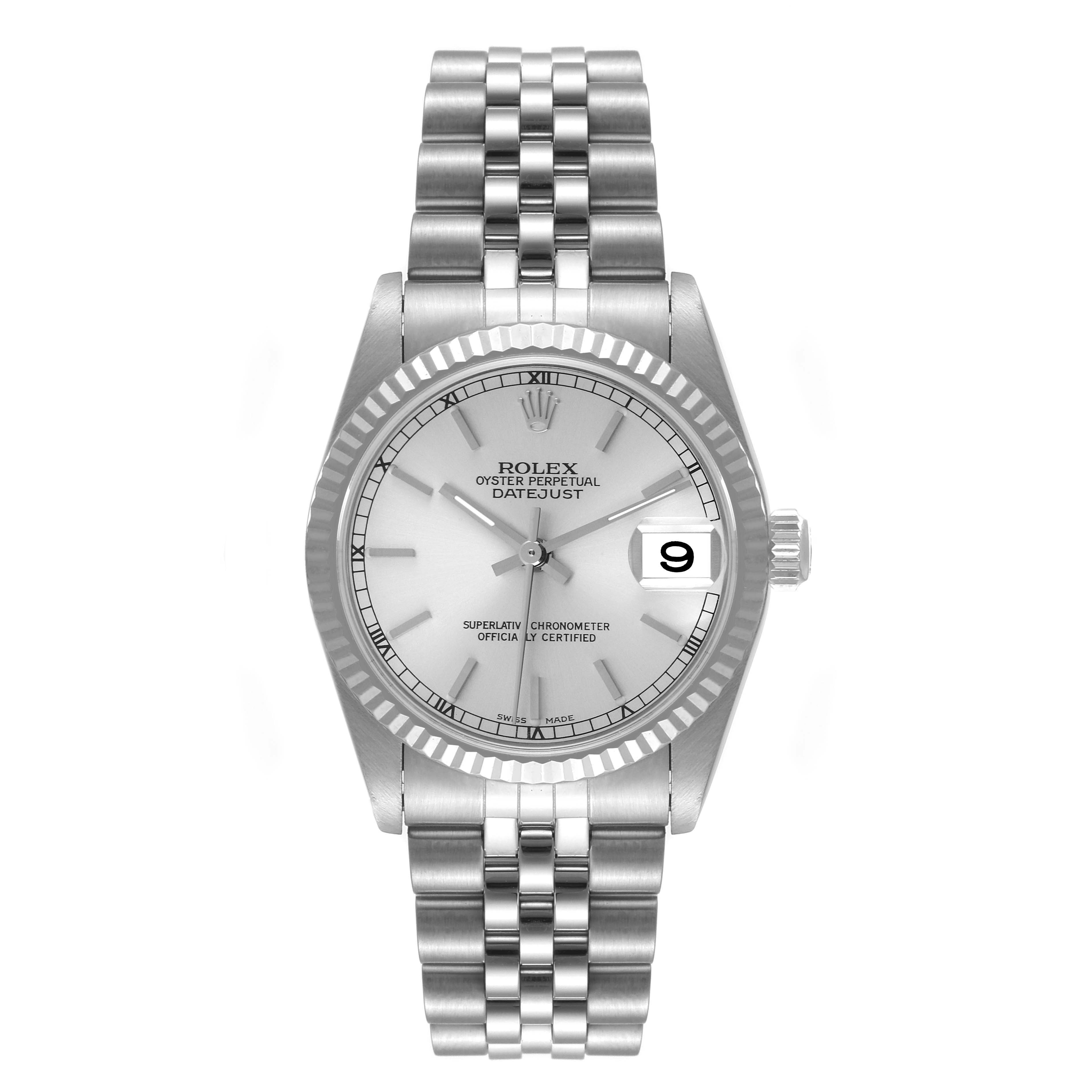 This image shows a front view of a Rolex Datejust Mid-Size watch, displaying the dial, bezel, case, and Jubilee bracelet.