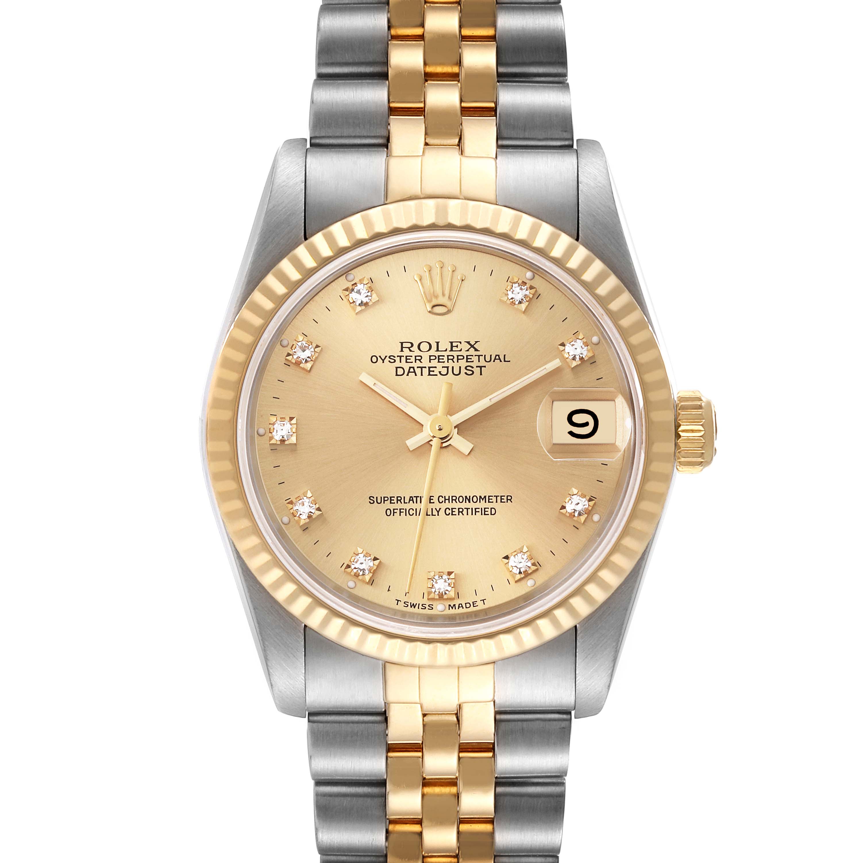 The image shows a front view of a Rolex Mid-Size 68273 Women's Steel and Gold (two tone) Champagne Dial 68273 Women's Steel and Gold (two tone) Champagne Dial Oyster Perpetual Datejust watch, highlighting its dial, bezel, and bracelet.