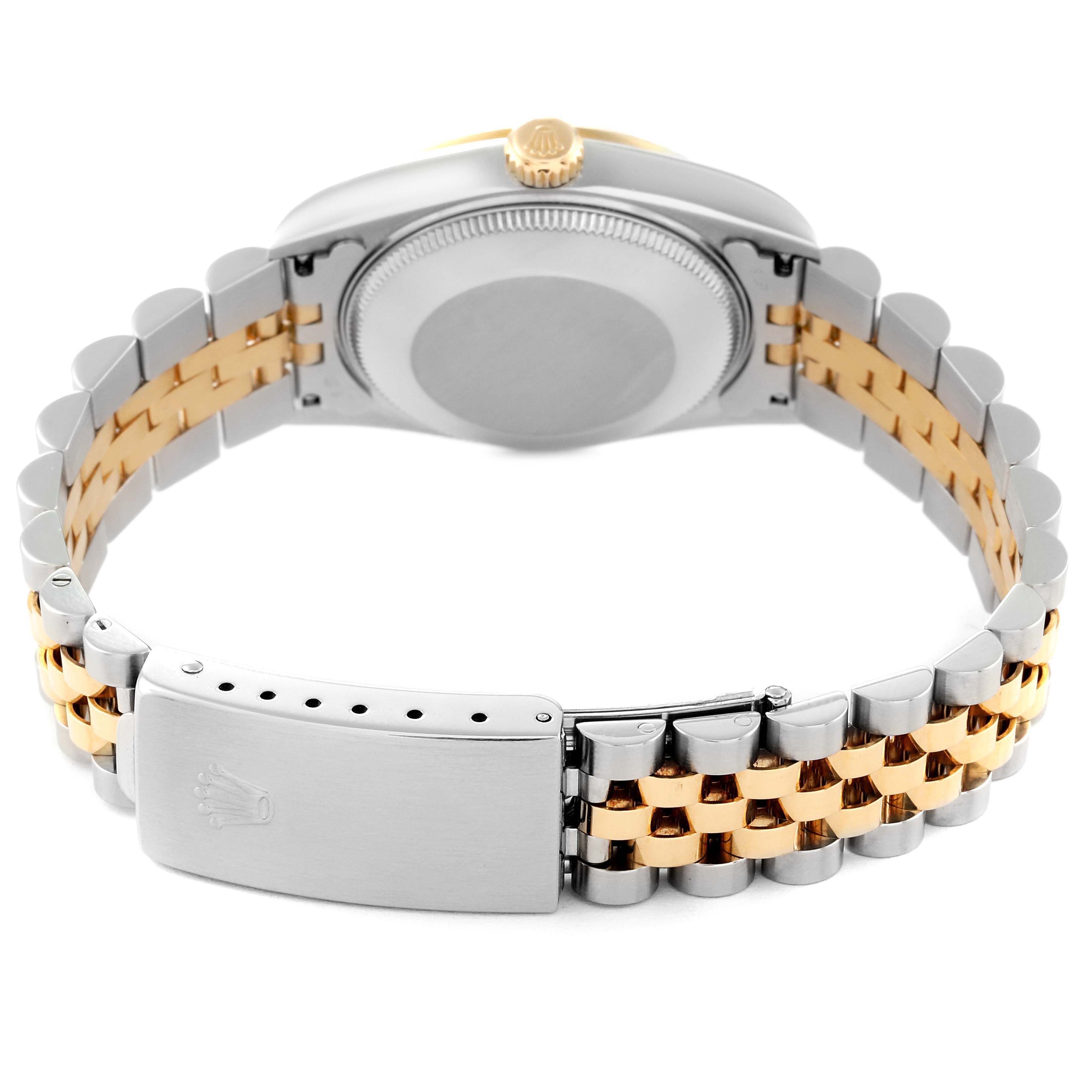 The image shows the back view of a Mid-Size Rolex watch, highlighting the metal case, the winding crown, and the two-tone bracelet with the clasp.