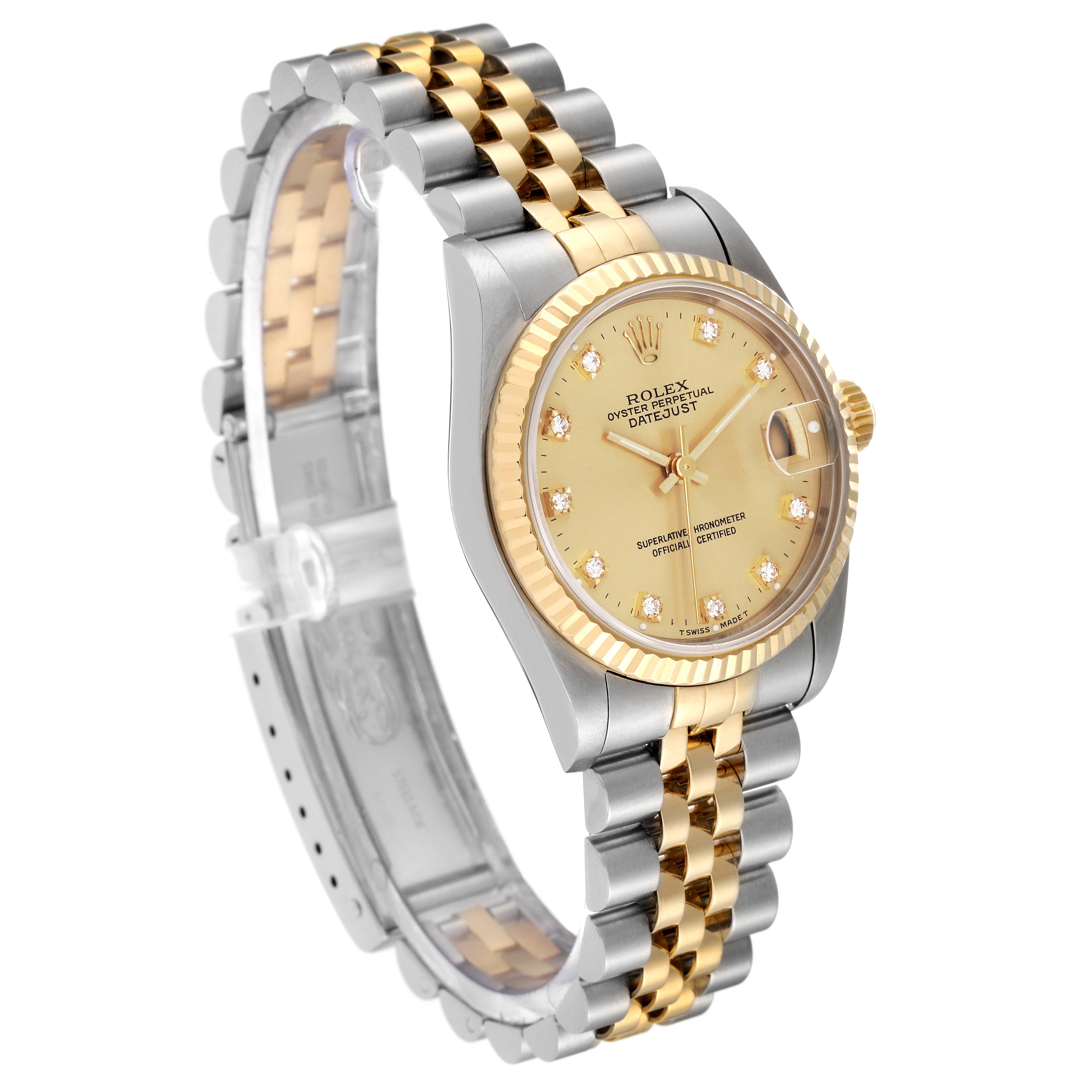 The Rolex Mid-Size 68273 Women's Steel and Gold (two tone) Champagne Dial 68273 Women's Steel and Gold (two tone) Champagne Dial watch is shown at a side angle, displaying its two-tone bracelet and diamond-studded dial.