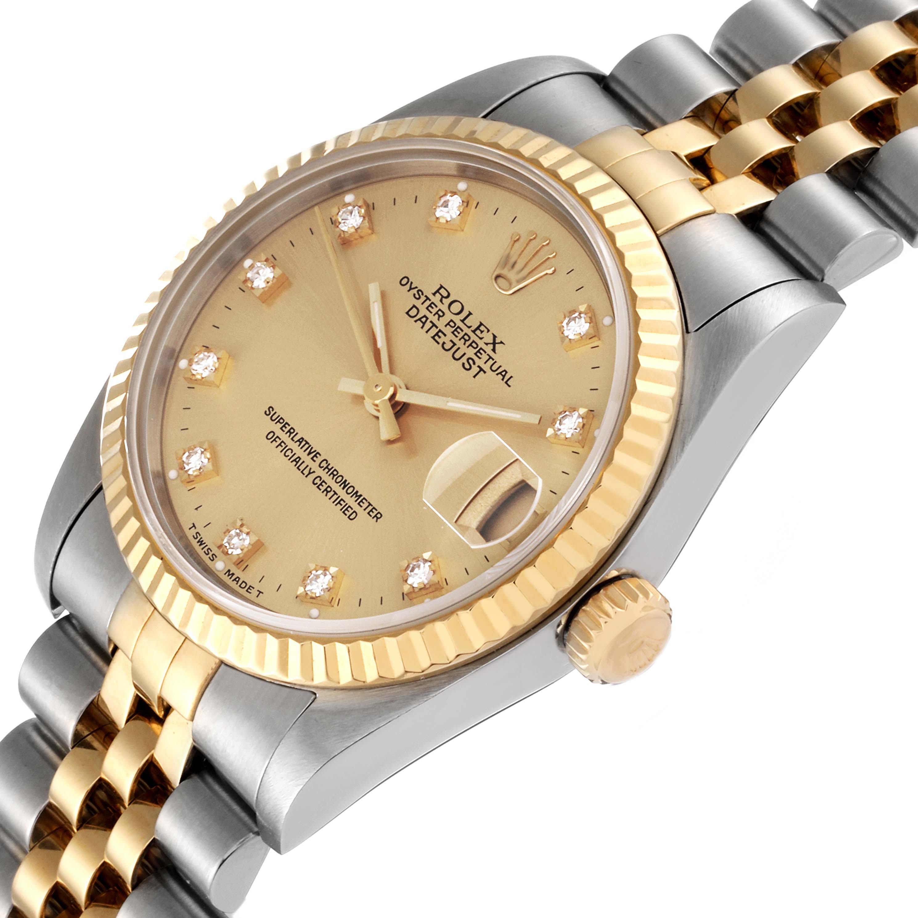 This Rolex Mid-Size 68273 Women's Steel and Gold (two tone) Champagne Dial 68273 Women's Steel and Gold (two tone) Champagne Dial Datejust watch is shown from a three-quarter angle displaying the dial, bezel, crown, and part of the bracelet.
