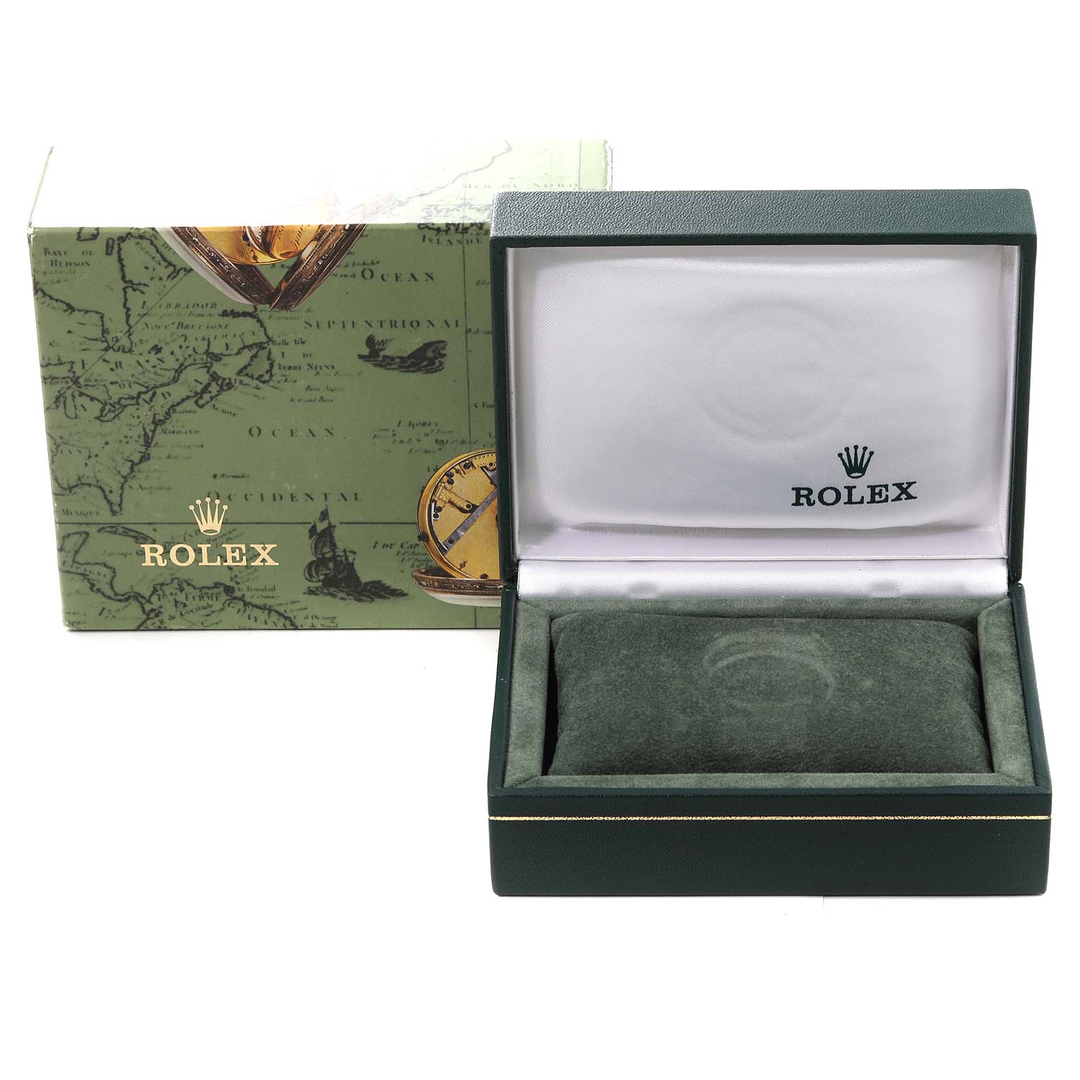 The image shows a Rolex Mid-Size 68273 Women's Steel and Gold (two tone) Champagne Dial 68273 Women's Steel and Gold (two tone) Champagne Dial watch box, with the outer box and inner display box opened, revealing a cushioned watch holder.