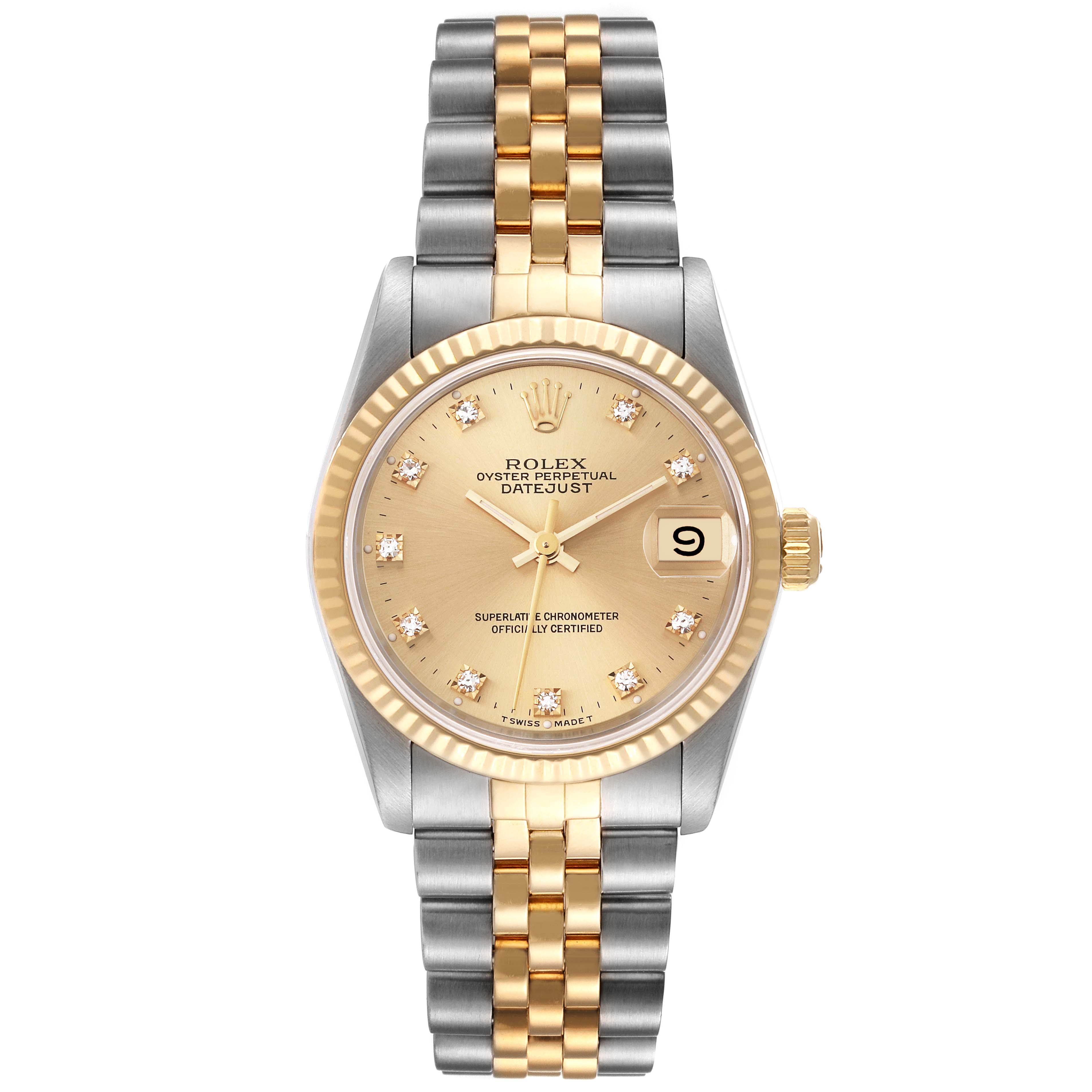 This image shows a Rolex Datejust Mid-Size watch featuring a two-tone bracelet, gold bezel, and champagne dial with diamond hour markers.
