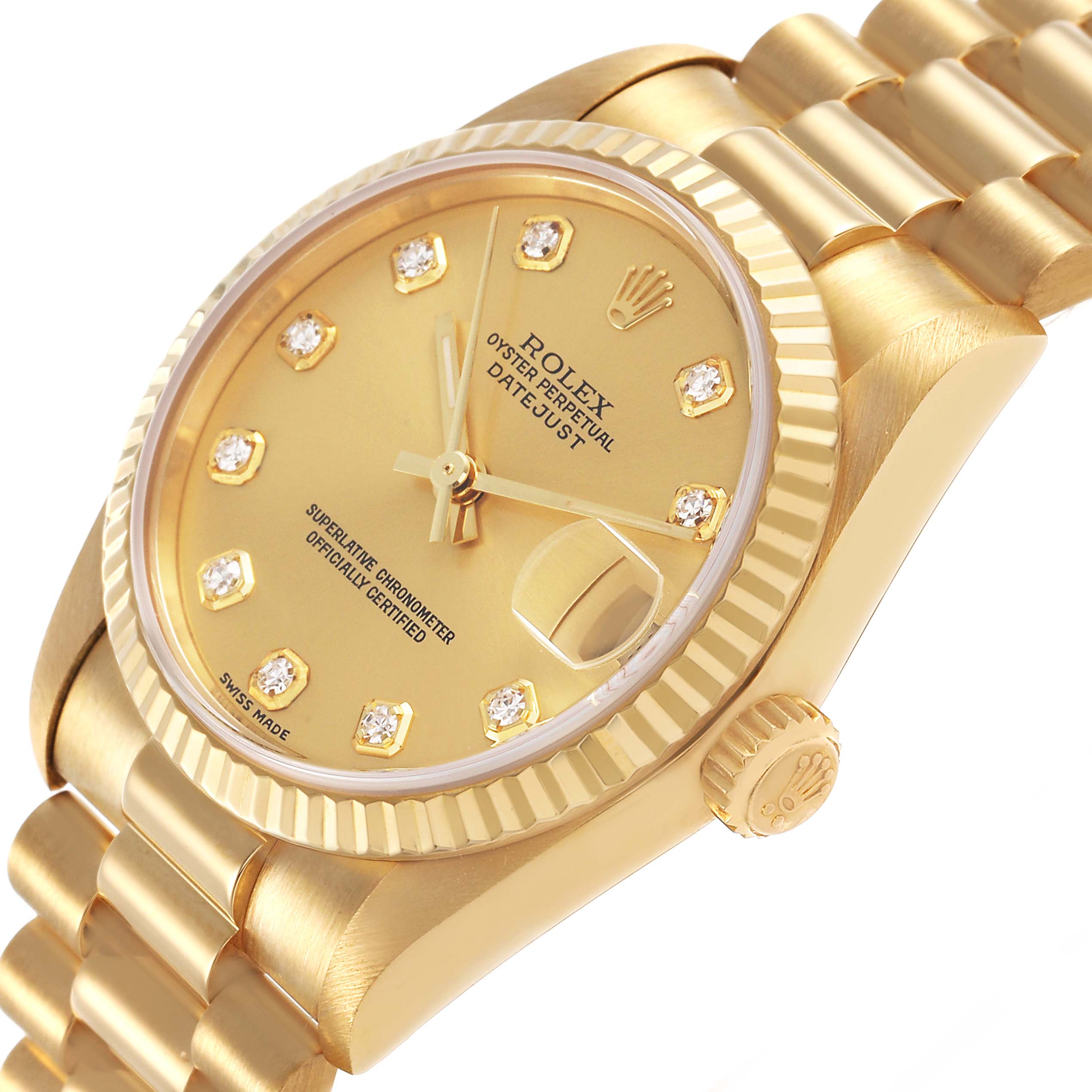 The Rolex Datejust 78278 Women's Yellow Gold Champagne Dial watch is shown at a 3/4 angle, highlighting the dial, bezel, crown, and part of the bracelet.