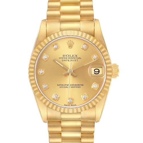 This image shows a frontal view of a Rolex Datejust 78278 Women's Yellow Gold Champagne Dial, highlighting the dial, fluted bezel, bracelet, and date window.