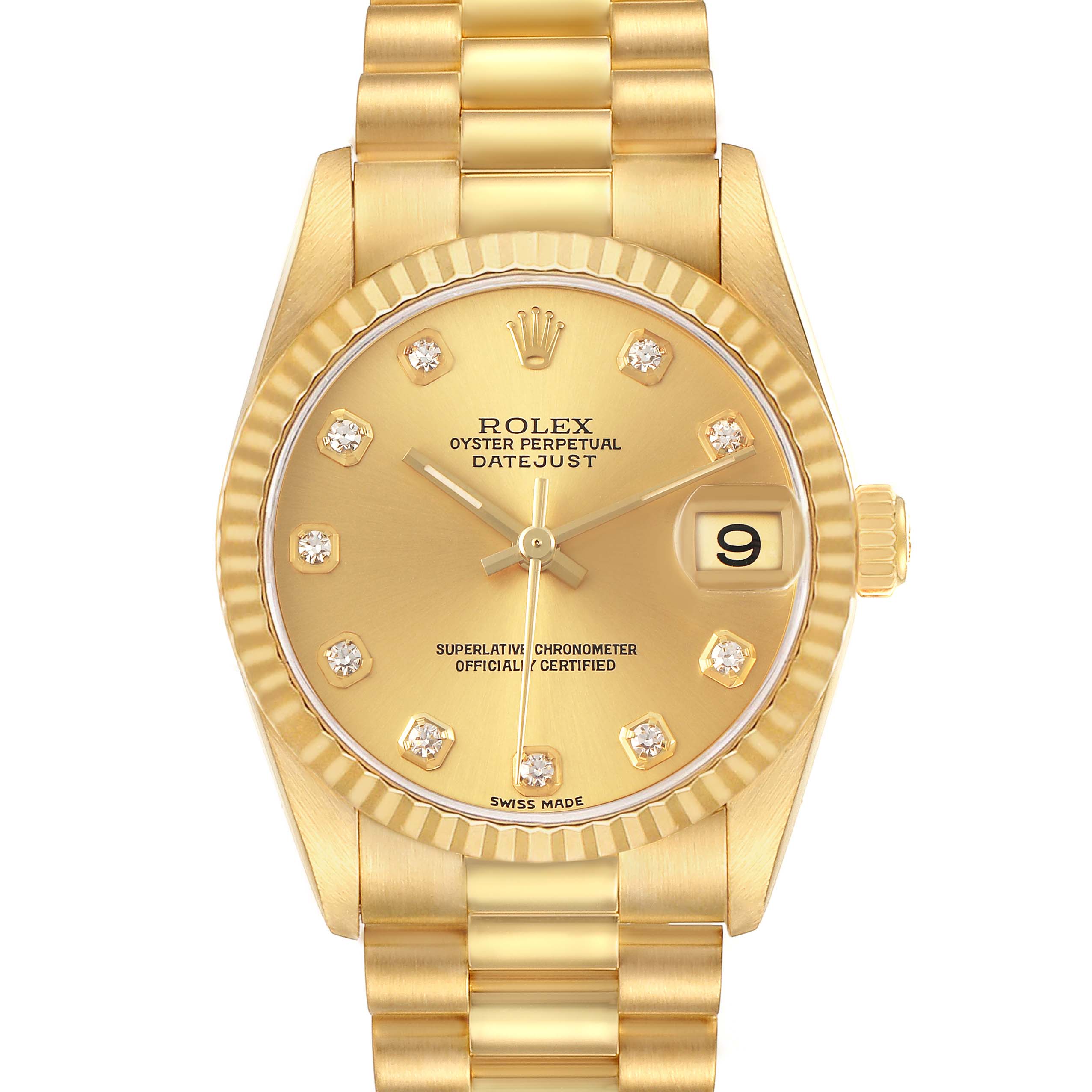 The Rolex Datejust 78278 Women's Yellow Gold Champagne Dial watch is shown from a front angle, featuring its gold case, band, and a date window at 3 o'clock.
