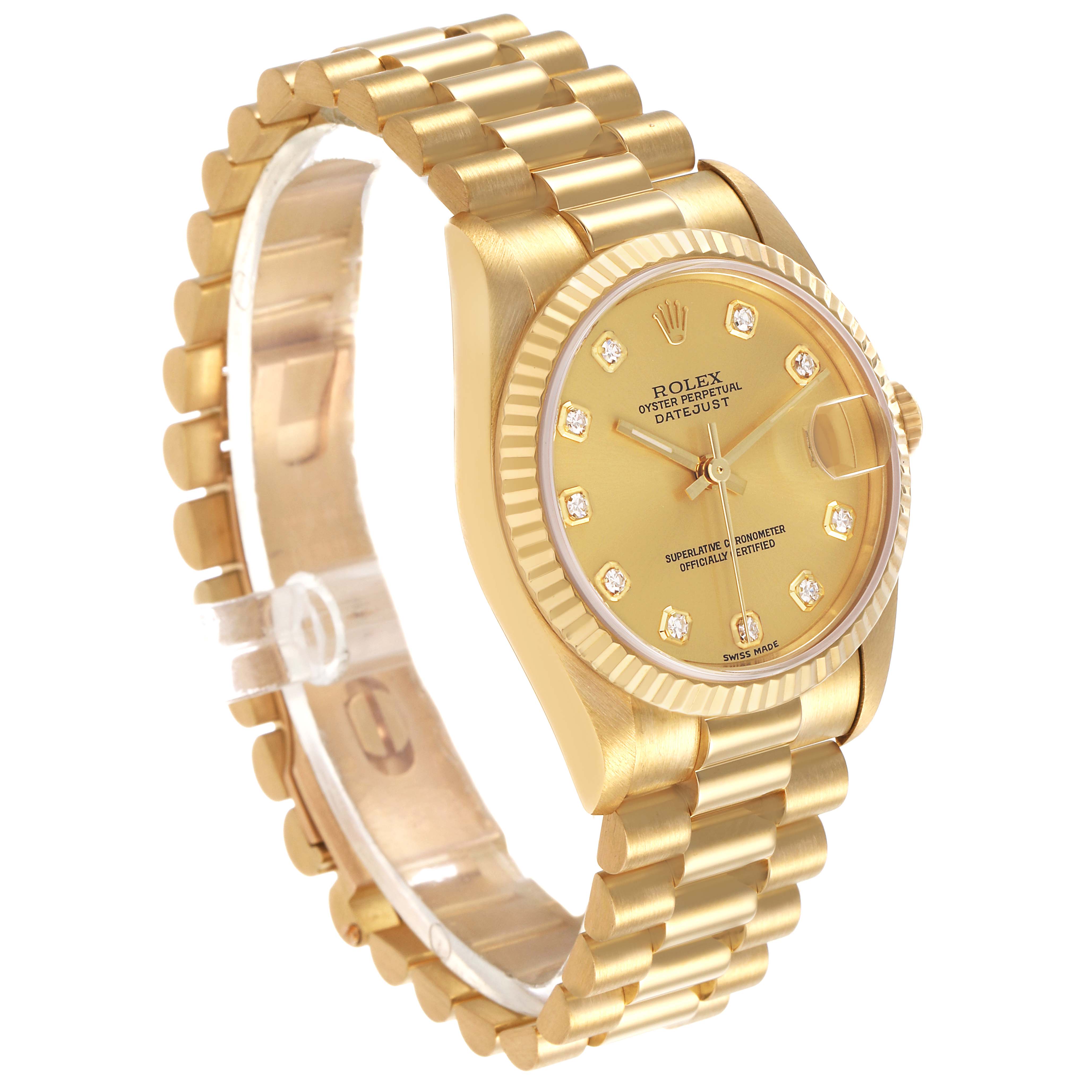 The Rolex Datejust 78278 Women's Yellow Gold Champagne Dial watch is shown at an angle highlighting its gold case, fluted bezel, bracelet, and diamond hour markers.
