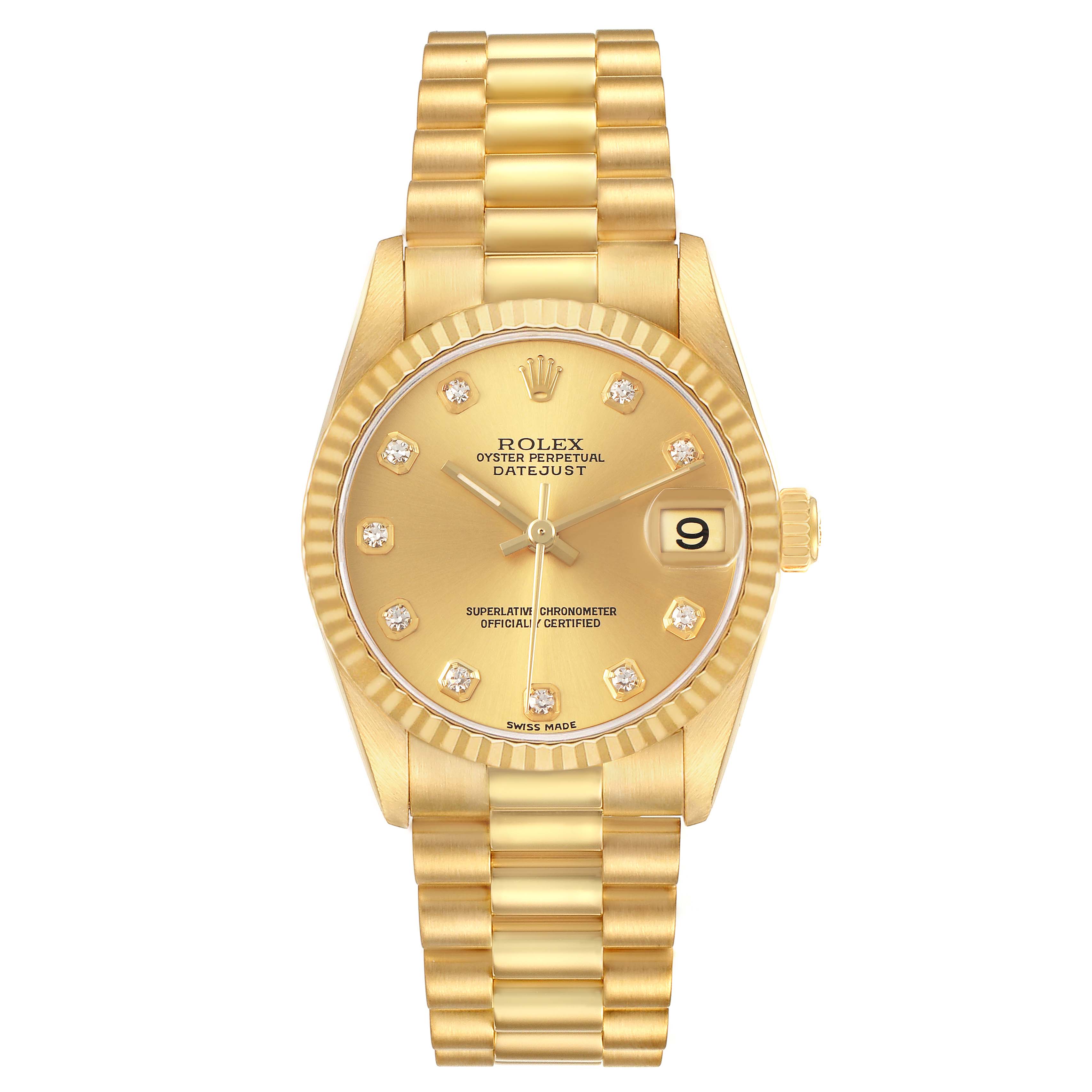 The Rolex Datejust 78278 Women's Yellow Gold Champagne Dial watch is shown from a front angle, highlighting its gold case, diamond hour markers, and bracelet.