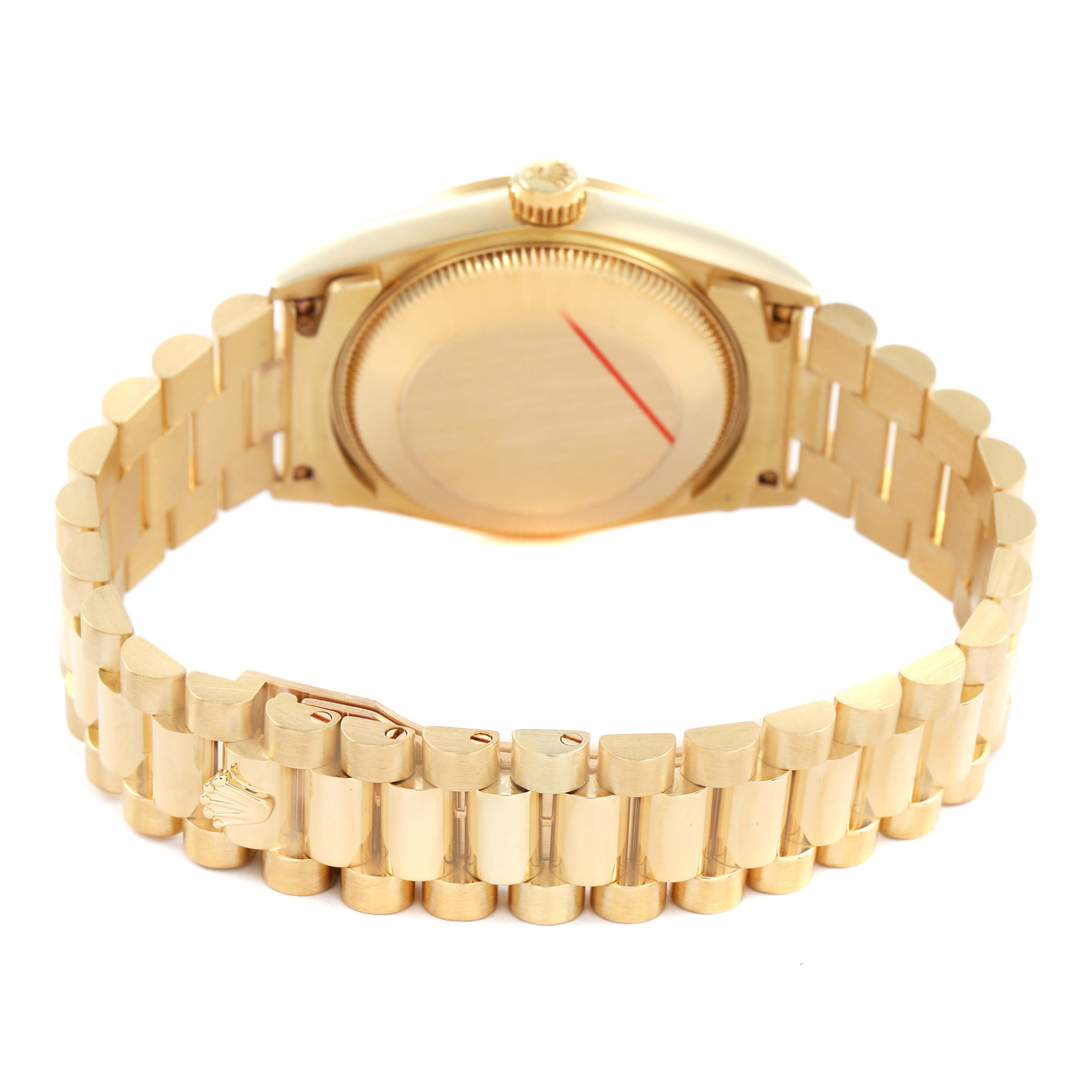 The image shows the back and bracelet of a Rolex Datejust 78278 Women's Yellow Gold Champagne Dial watch at an angle highlighting the gold case, clasp, and links.