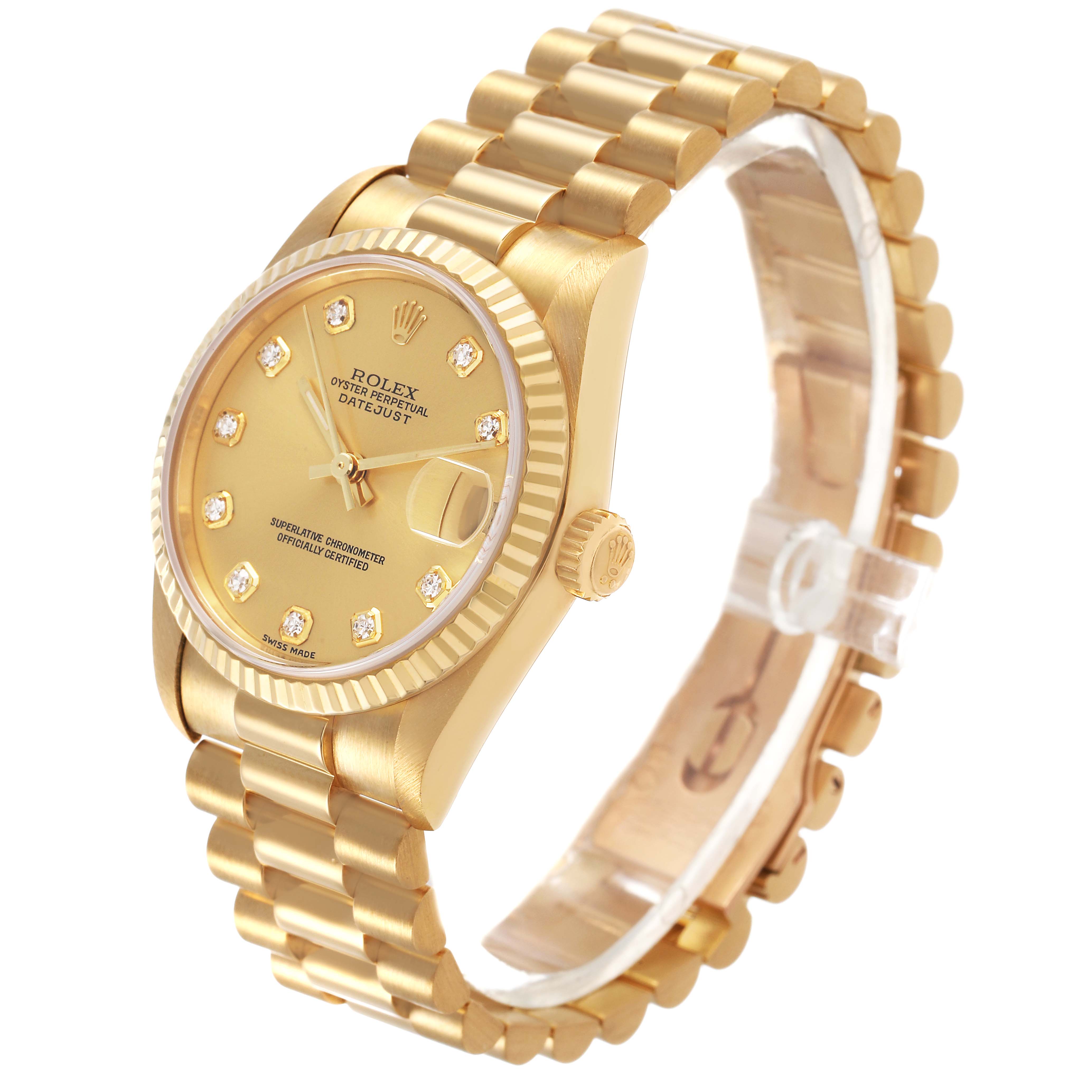 The Rolex Datejust 78278 Women's Yellow Gold Champagne Dial is shown from a three-quarter angle, highlighting the dial, fluted bezel, and President bracelet.