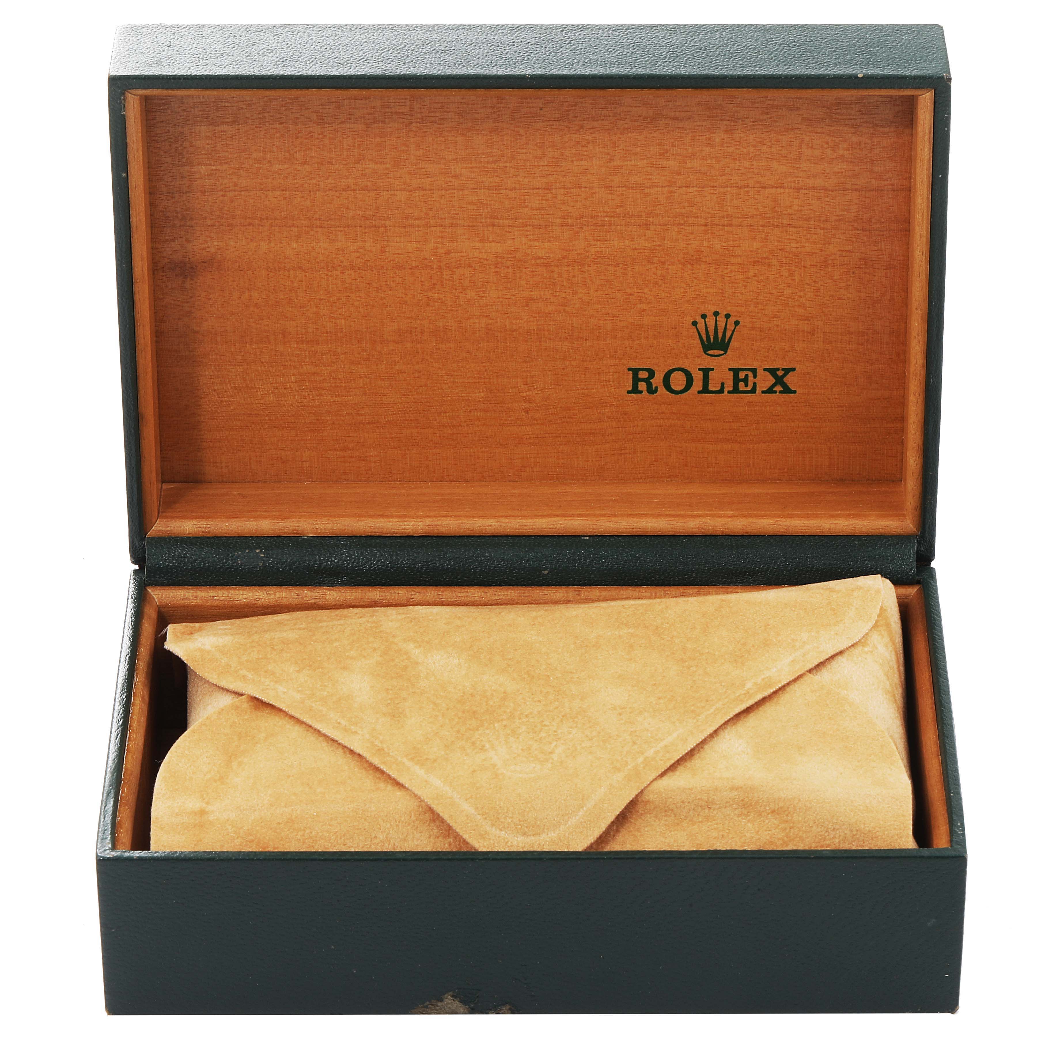 The image shows an open Rolex watch box with a fabric pouch inside, likely containing a Rolex Datejust 16233 Men's Steel and Gold (two tone) Champagne Dial 16233 Men's Steel and Gold (two tone) Champagne Dial model watch.