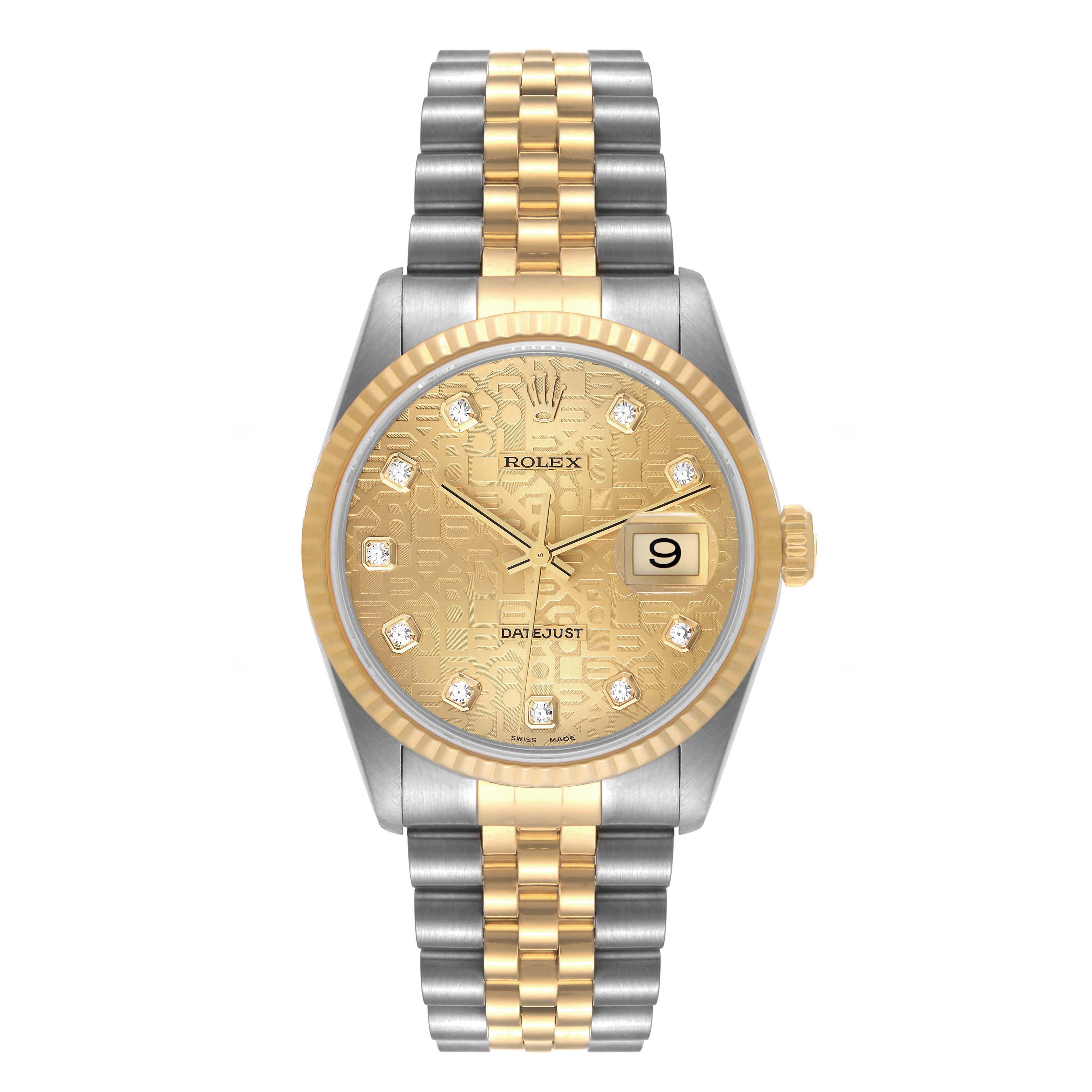 This image shows a Rolex Datejust 16233 Men's Steel and Gold (two tone) Champagne Dial 16233 Men's Steel and Gold (two tone) Champagne Dial watch from the front, displaying its gold dial, fluted bezel, and two-tone band.