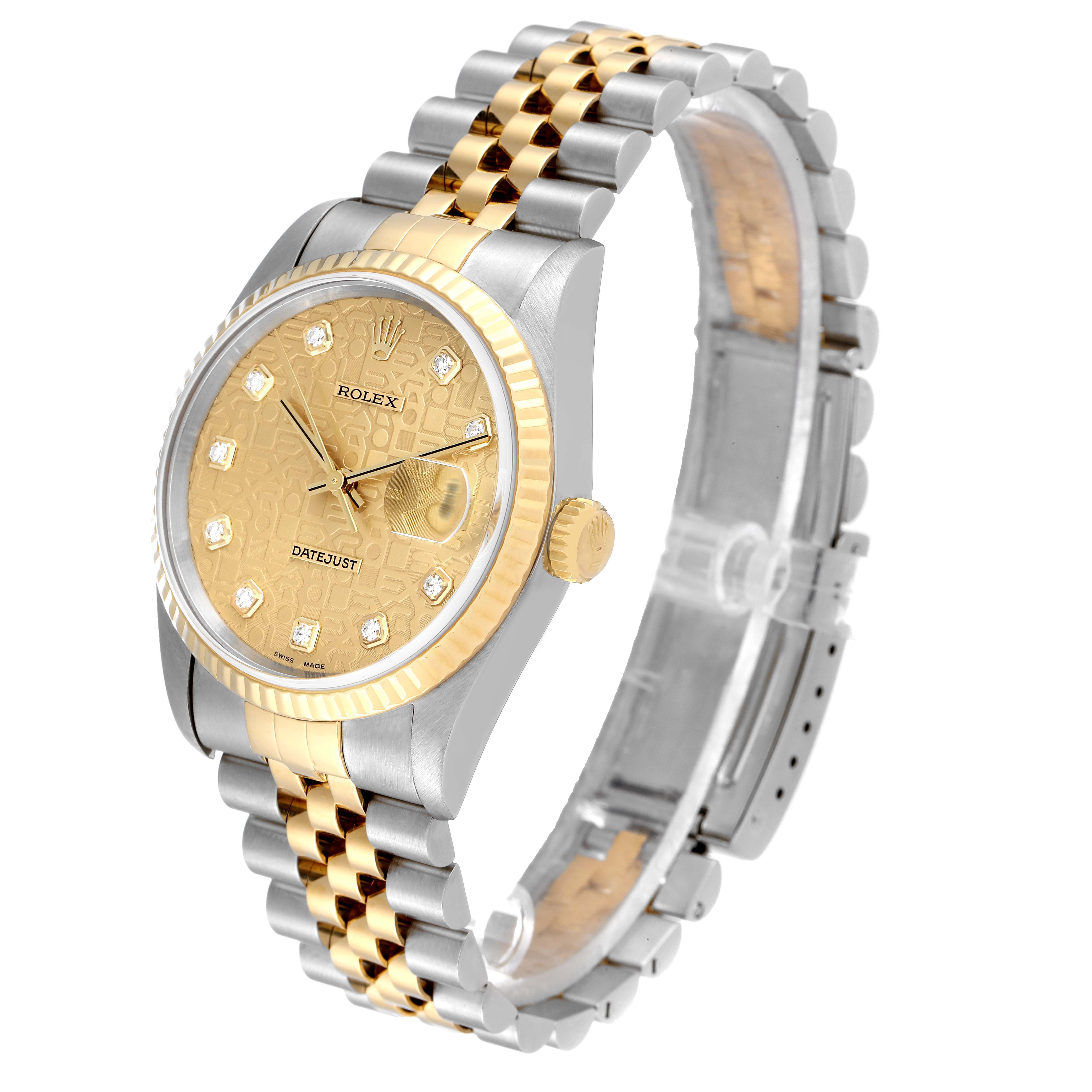 The Rolex Datejust 16233 Men's Steel and Gold (two tone) Champagne Dial 16233 Men's Steel and Gold (two tone) Champagne Dial watch is shown at a slight angle, highlighting the face, bezel, crown, and jubilee bracelet.