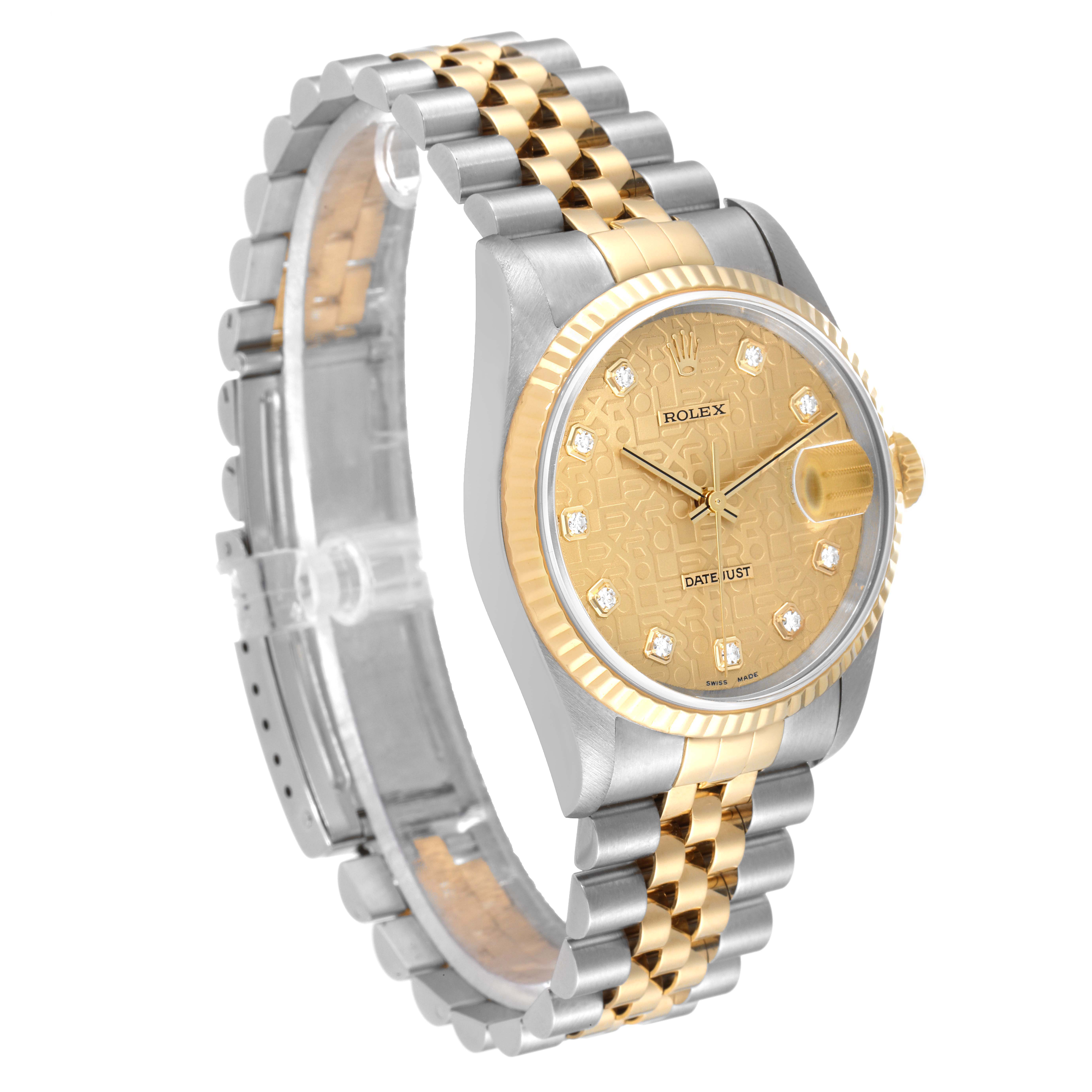This image shows a Rolex Datejust 16233 Men's Steel and Gold (two tone) Champagne Dial 16233 Men's Steel and Gold (two tone) Champagne Dial watch at a slight angle, highlighting the bracelet, face, and bezel.