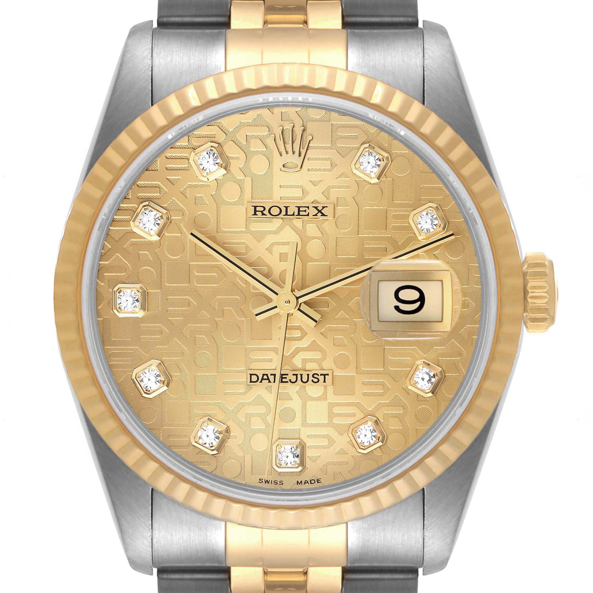 This image shows a front view of a Rolex Datejust 16233 Men's Steel and Gold (two tone) Champagne Dial 16233 Men's Steel and Gold (two tone) Champagne Dial watch, highlighting its golden dial, diamond markers, date window, and bi-tone bracelet.