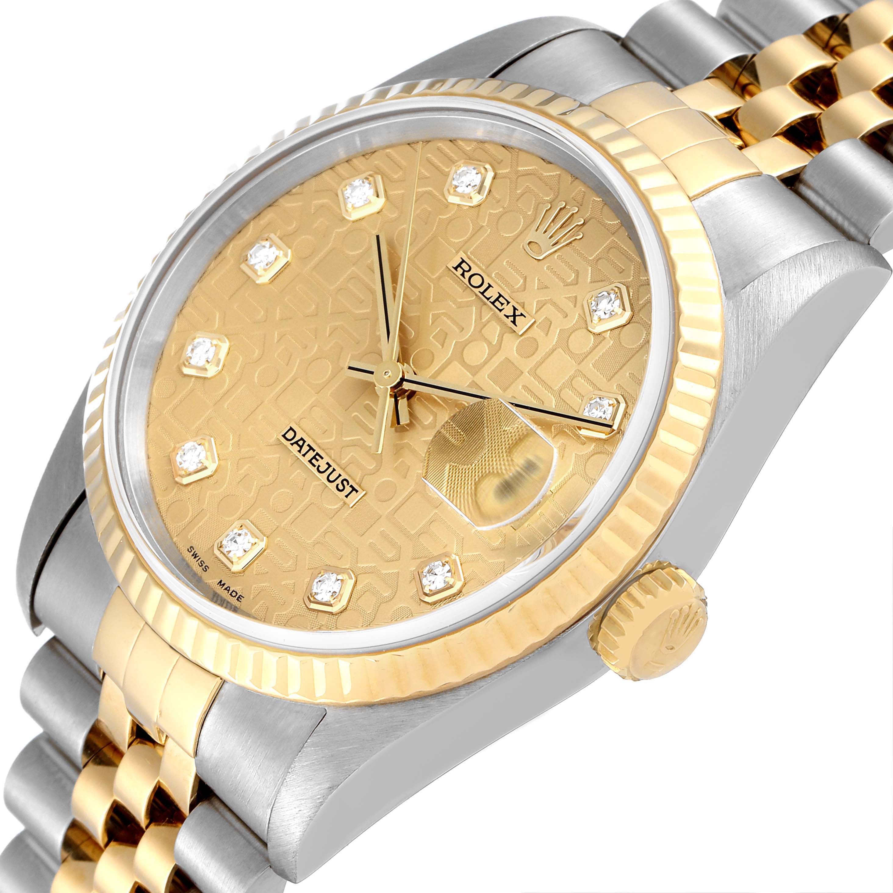This image shows a close-up angle of the face, bezel, and crown of a Rolex Datejust 16233 Men's Steel and Gold (two tone) Champagne Dial 16233 Men's Steel and Gold (two tone) Champagne Dial watch.