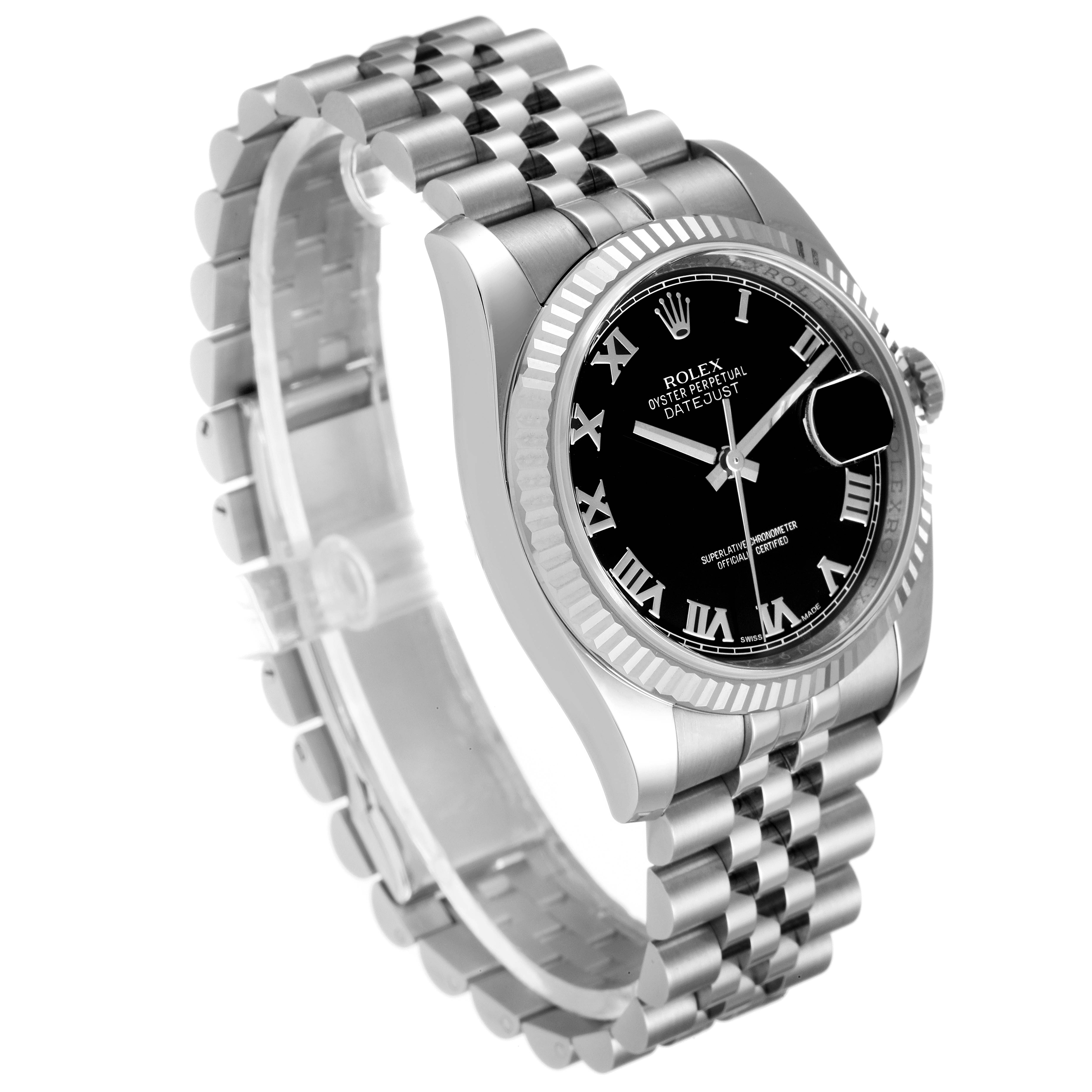 This is a Rolex Datejust 116234 Men
s Stainless Steel Black Dial 116234 Men
s Stainless Steel Black Dial watch shown at a three-quarter angle, displaying the face, bezel, and band.