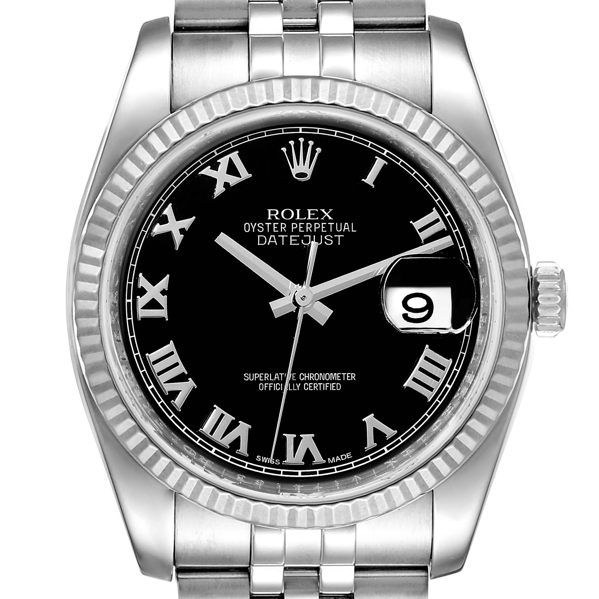 The image shows a close-up, front view of a Rolex Datejust 116234 Men
s Stainless Steel Black Dial 116234 Men
s Stainless Steel Black Dial watch displaying the dial, bezel, and part of the bracelet.