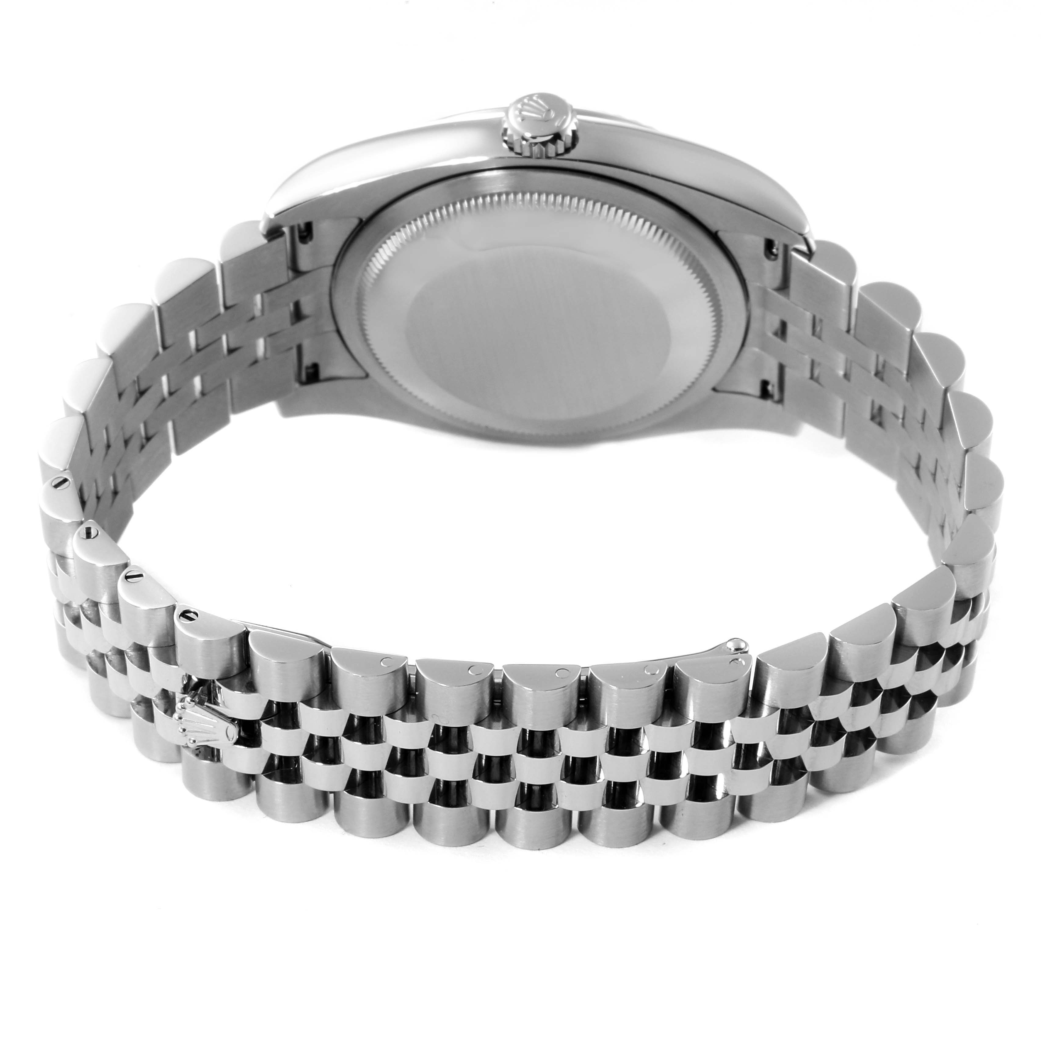 The image shows the back view of a Rolex Datejust 116234 Men
s Stainless Steel Black Dial 116234 Men
s Stainless Steel Black Dial watch, highlighting its stainless steel case and jubilee bracelet.